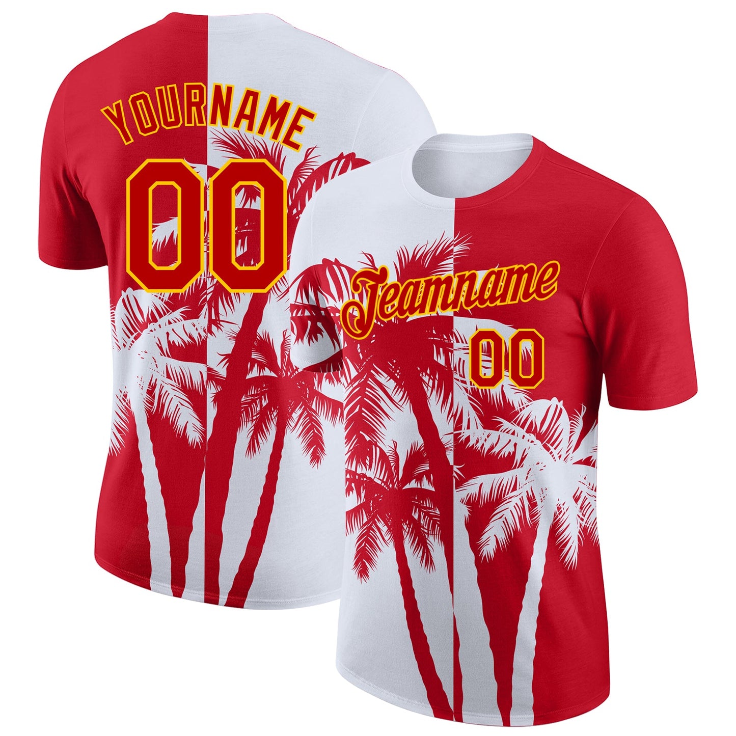 Custom Red White-Yellow Hawaii Tropical Coastal Palm Trees Performance T-Shirt - Main View