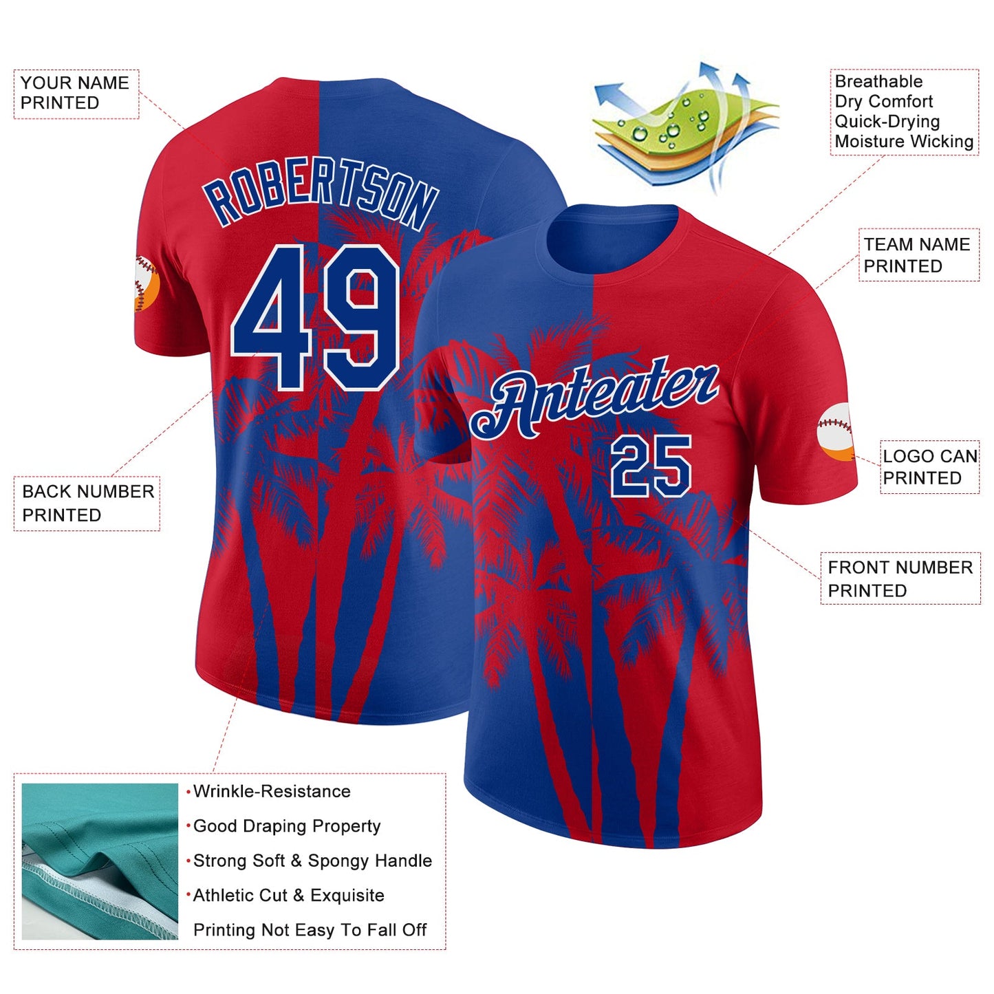 Custom Red Royal-White Hawaii Tropical Coastal Palm Trees Performance T-Shirt view 2