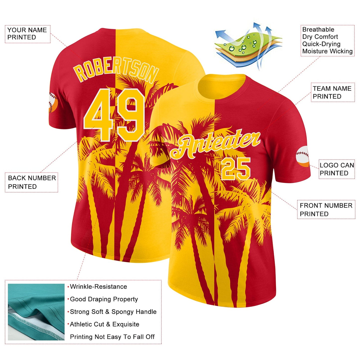 Custom Red Yellow-White Hawaii Tropical Coastal Palm Trees Performance T-Shirt view 2