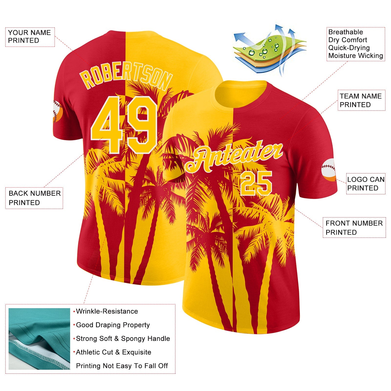 Custom Red Yellow-White Hawaii Tropical Coastal Palm Trees Performance T-Shirt view 2