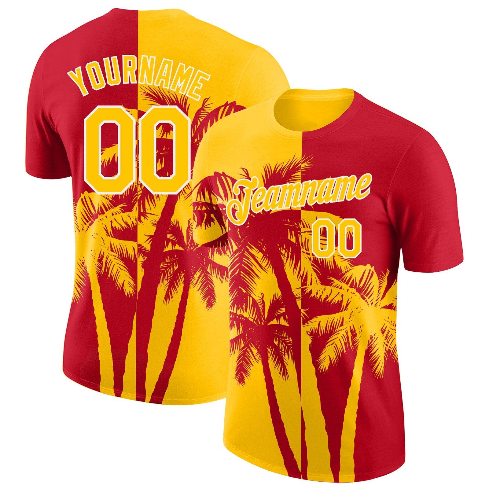 Custom Red Yellow-White Hawaii Tropical Coastal Palm Trees Performance T-Shirt - Main View