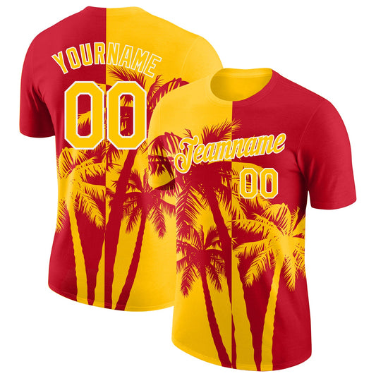 Custom Red Yellow-White Hawaii Tropical Coastal Palm Trees Performance T-Shirt - Main View
