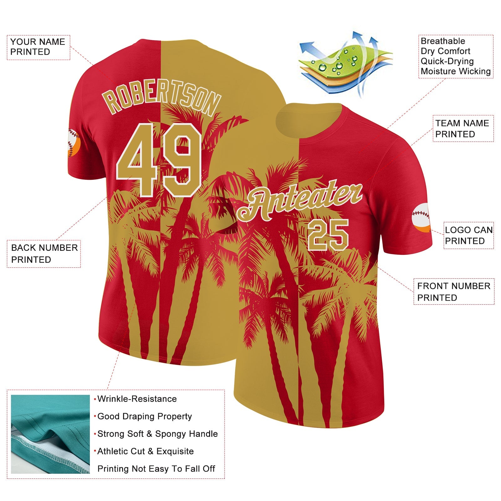 Custom Red Old Gold-White Hawaii Tropical Coastal Palm Trees Performance T-Shirt view 2