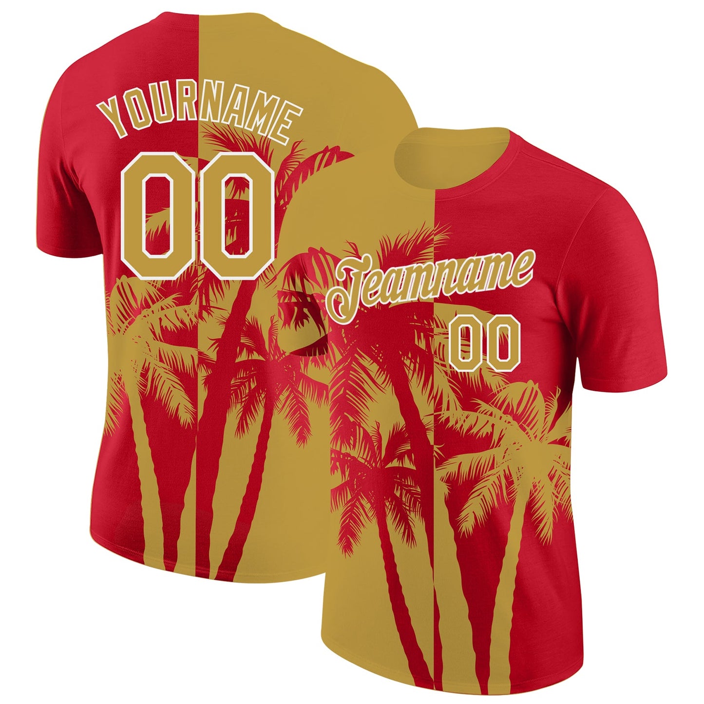 Custom Red Old Gold-White Hawaii Tropical Coastal Palm Trees Performance T-Shirt - Main View