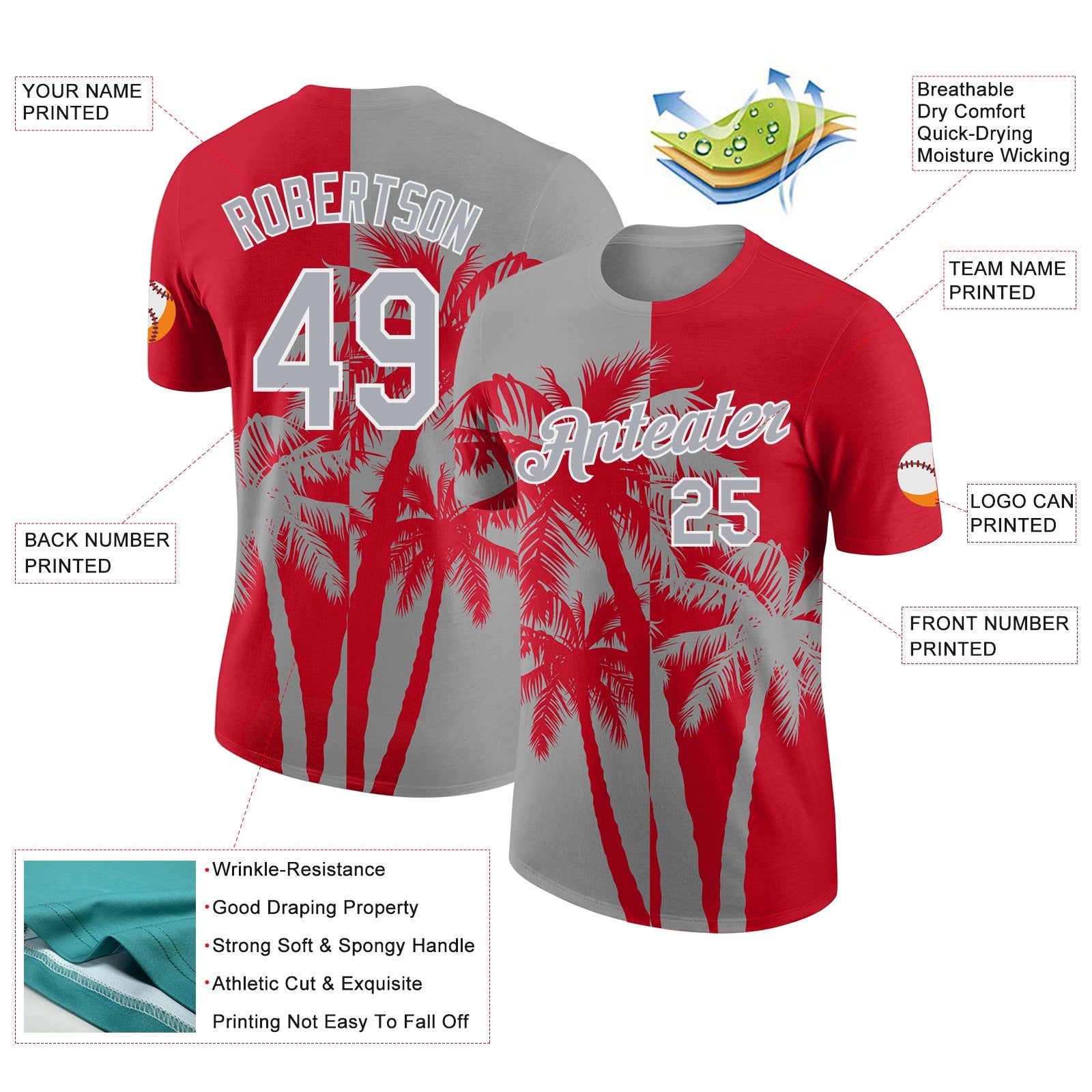 Custom Red Gray-White Hawaii Tropical Coastal Palm Trees Performance T-Shirt view 2
