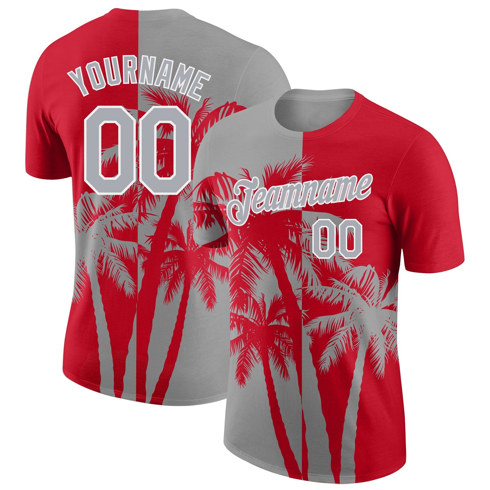Custom Red Gray-White Hawaii Tropical Coastal Palm Trees Performance T-Shirt - Main View