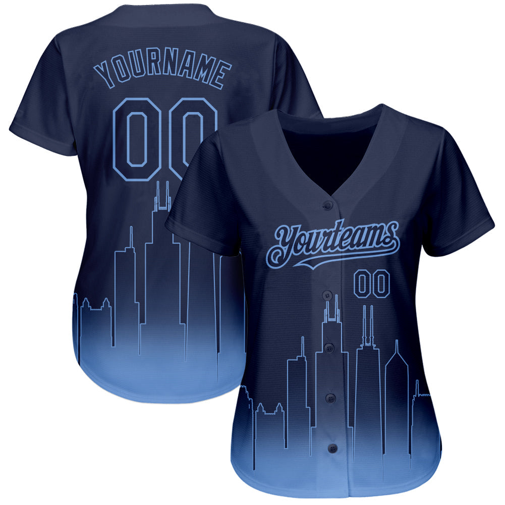 Custom Navy Light Blue 3D Chicago City Edition Fade Fashion Authentic Baseball Jersey view 3