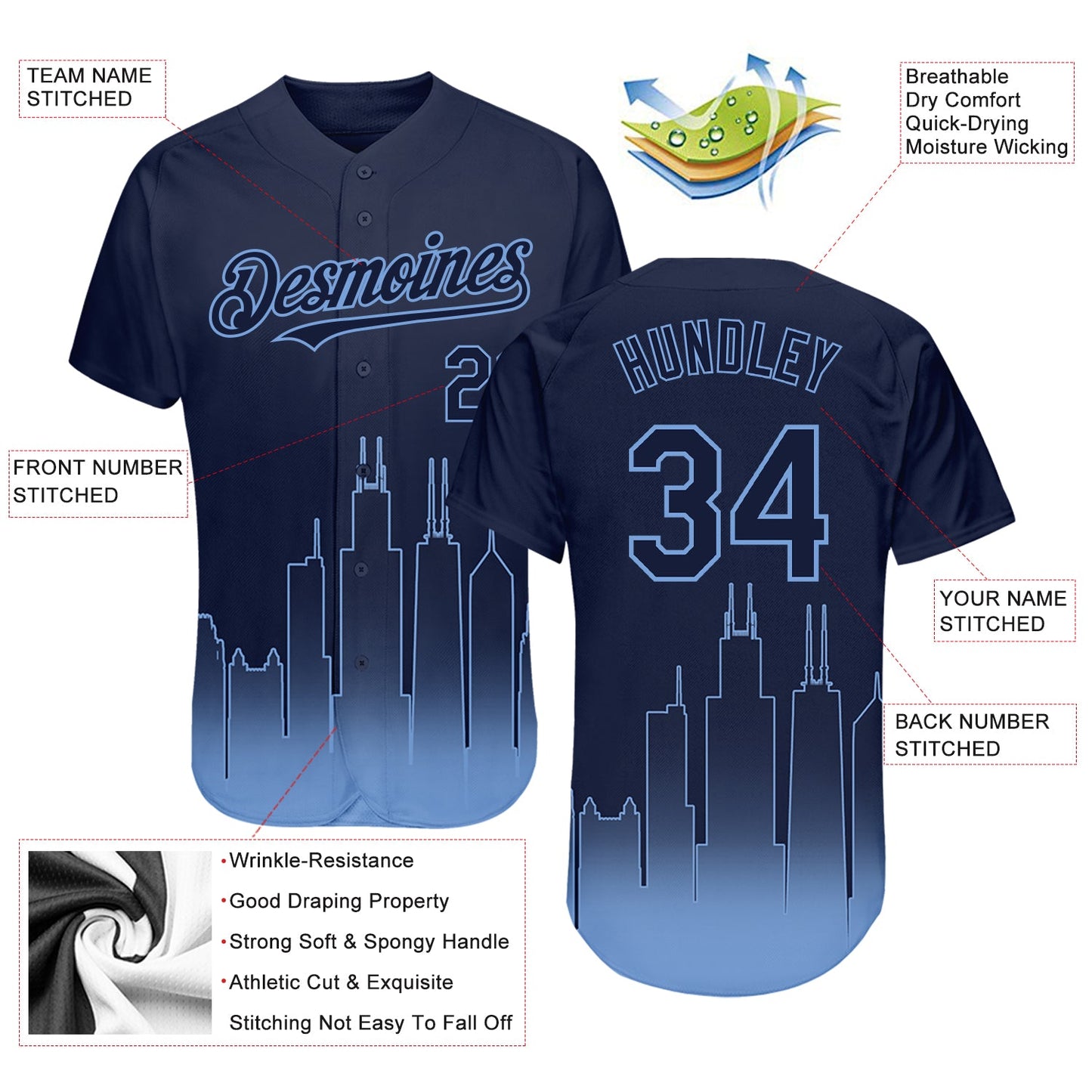 Custom Navy Light Blue 3D Chicago City Edition Fade Fashion Authentic Baseball Jersey view 4
