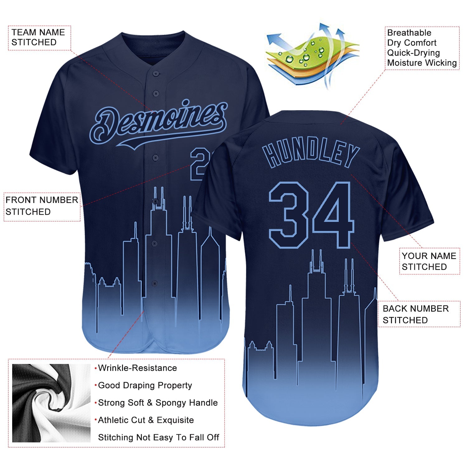Custom Navy Light Blue 3D Chicago City Edition Fade Fashion Authentic Baseball Jersey view 4