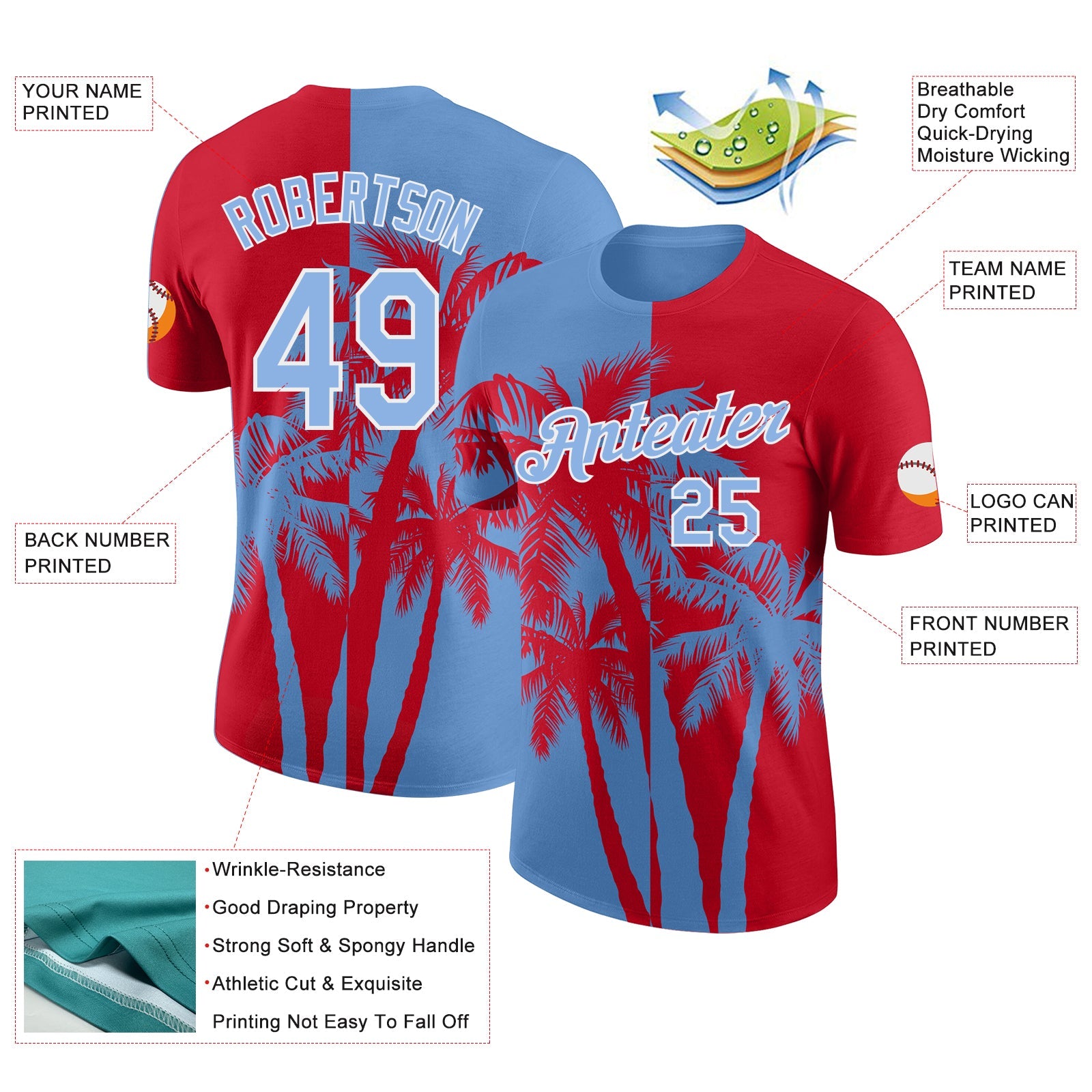 Custom Red Light Blue-White Hawaii Tropical Coastal Palm Trees Performance T-Shirt view 2