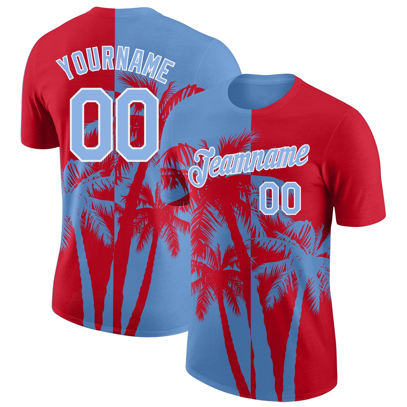 Custom Red Light Blue-White Hawaii Tropical Coastal Palm Trees Performance T-Shirt - Main View