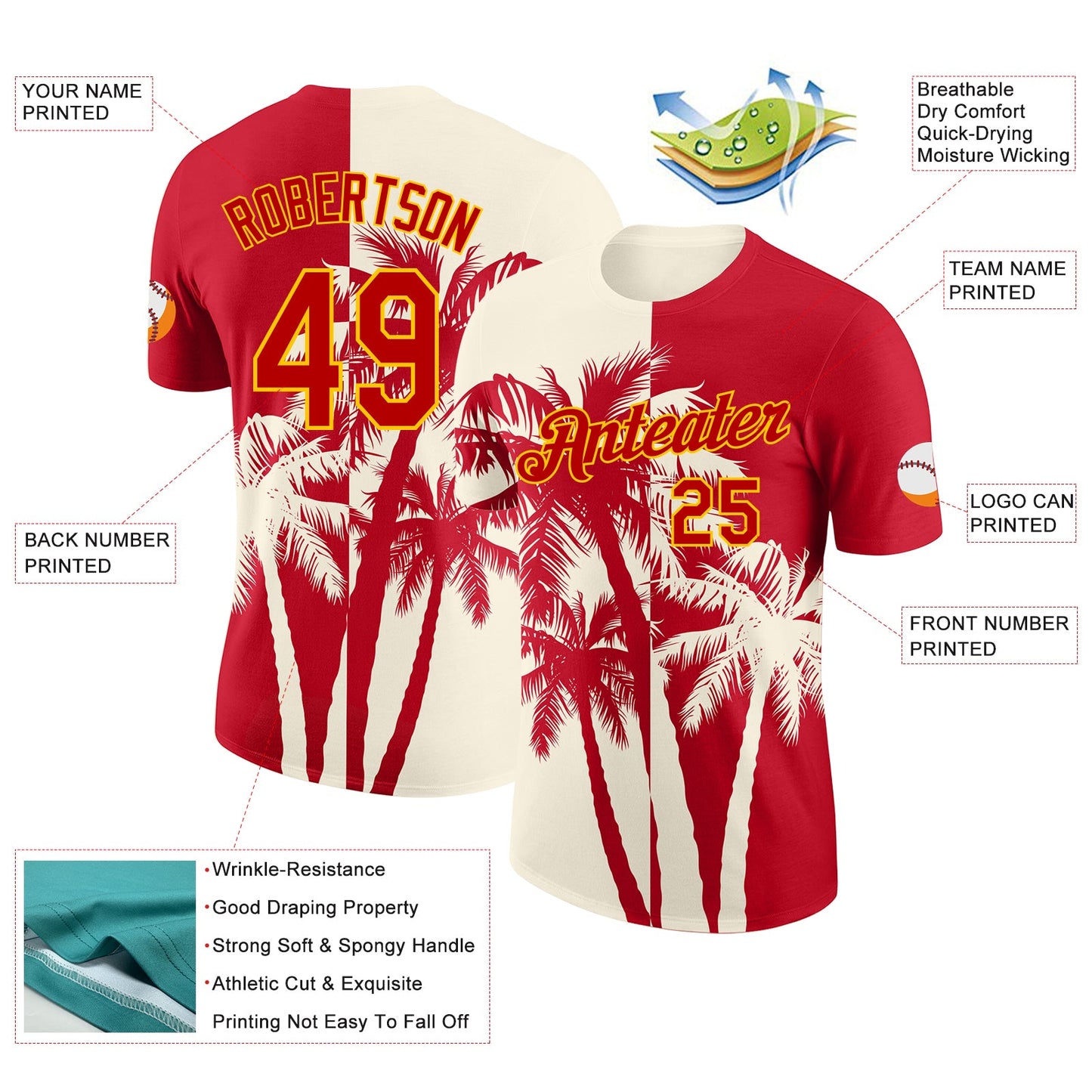 Custom Red Cream-Yellow Hawaii Tropical Coastal Palm Trees Performance T-Shirt view 2