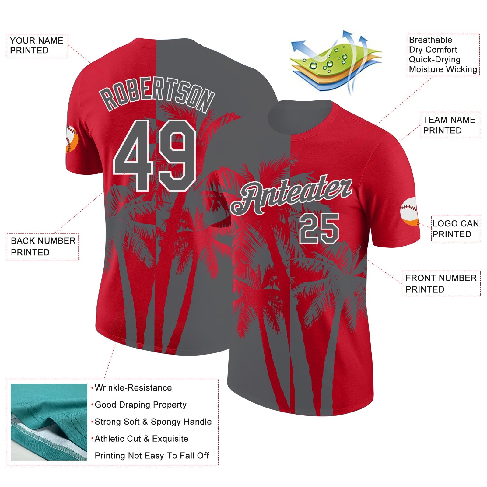 Custom Red Steel Gray-White Hawaii Tropical Coastal Palm Trees Performance T-Shirt view 2