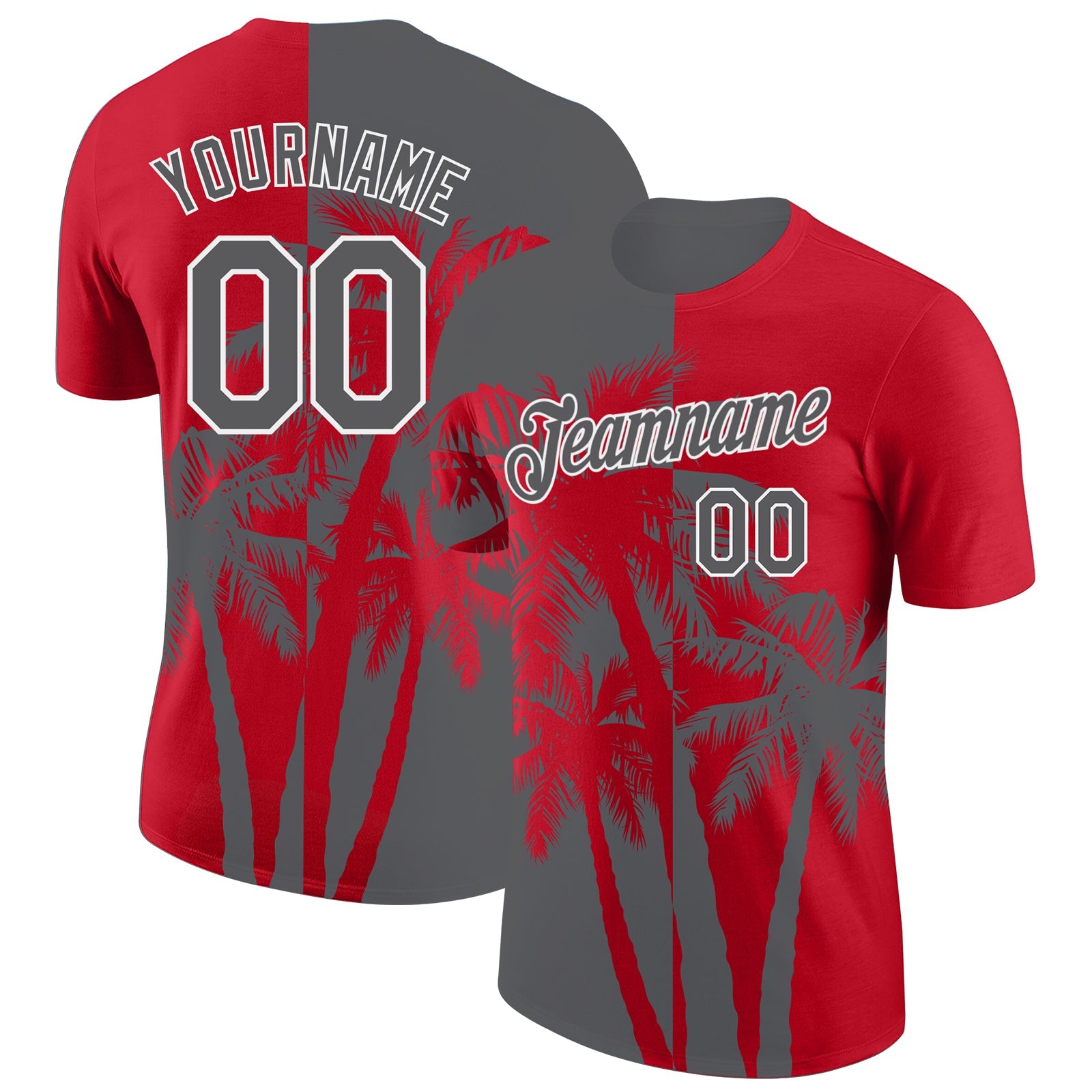 Custom Red Steel Gray-White Hawaii Tropical Coastal Palm Trees Performance T-Shirt - Main View