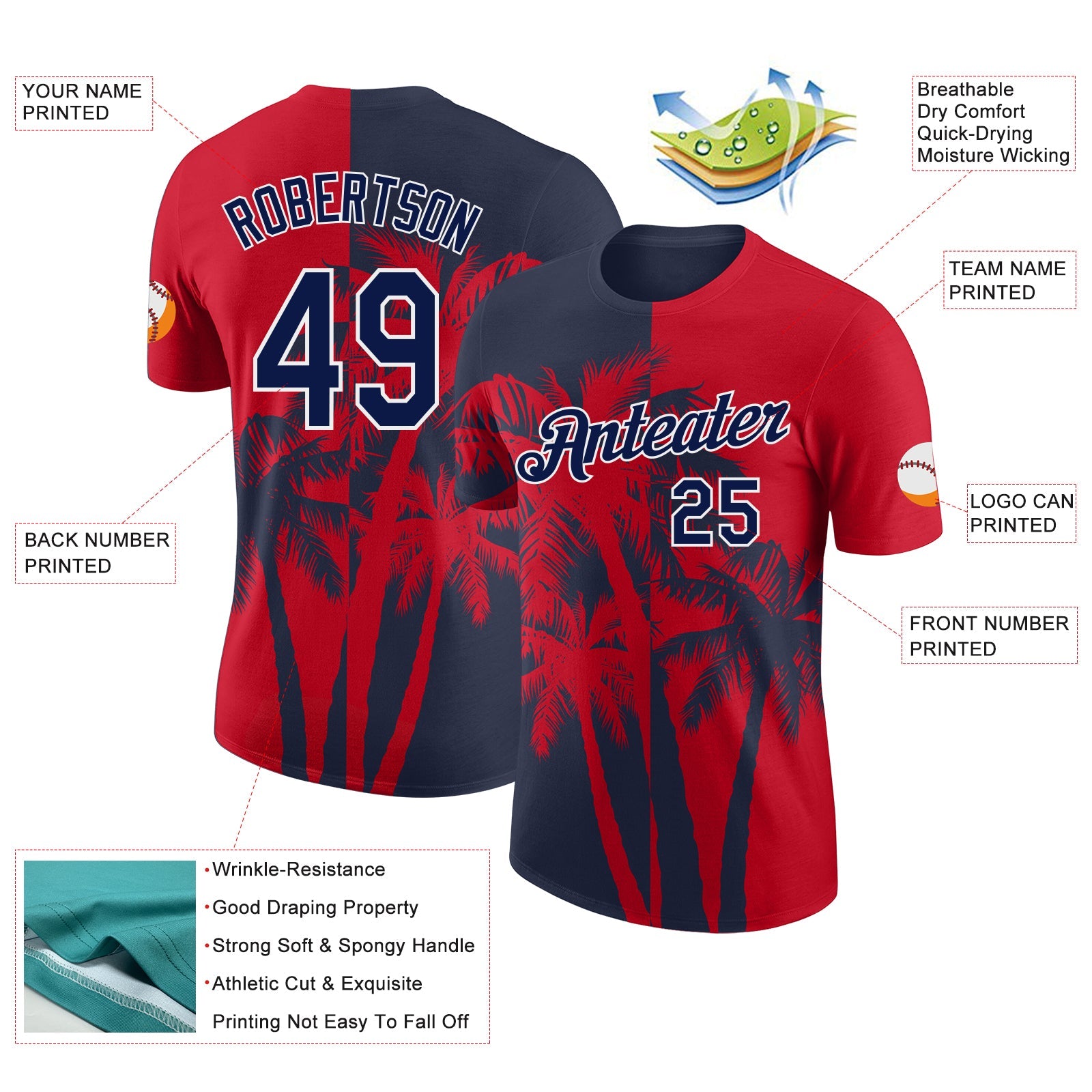 Custom Red Navy-White Hawaii Tropical Coastal Palm Trees Performance T-Shirt view 2
