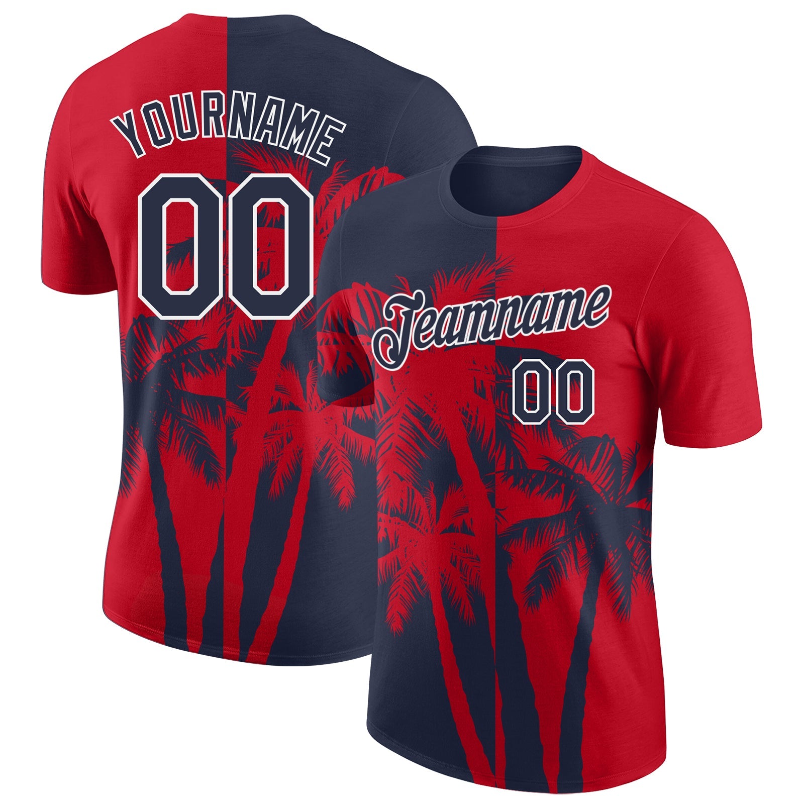 Custom Red Navy-White Hawaii Tropical Coastal Palm Trees Performance T-Shirt - Main View