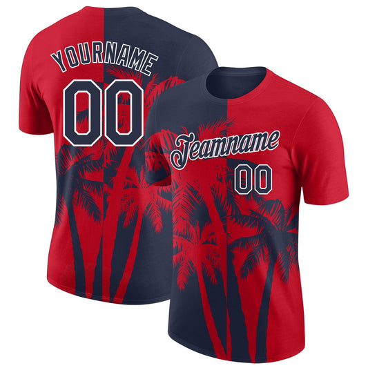 Custom Red Navy-White Hawaii Tropical Coastal Palm Trees Performance T-Shirt - Main View