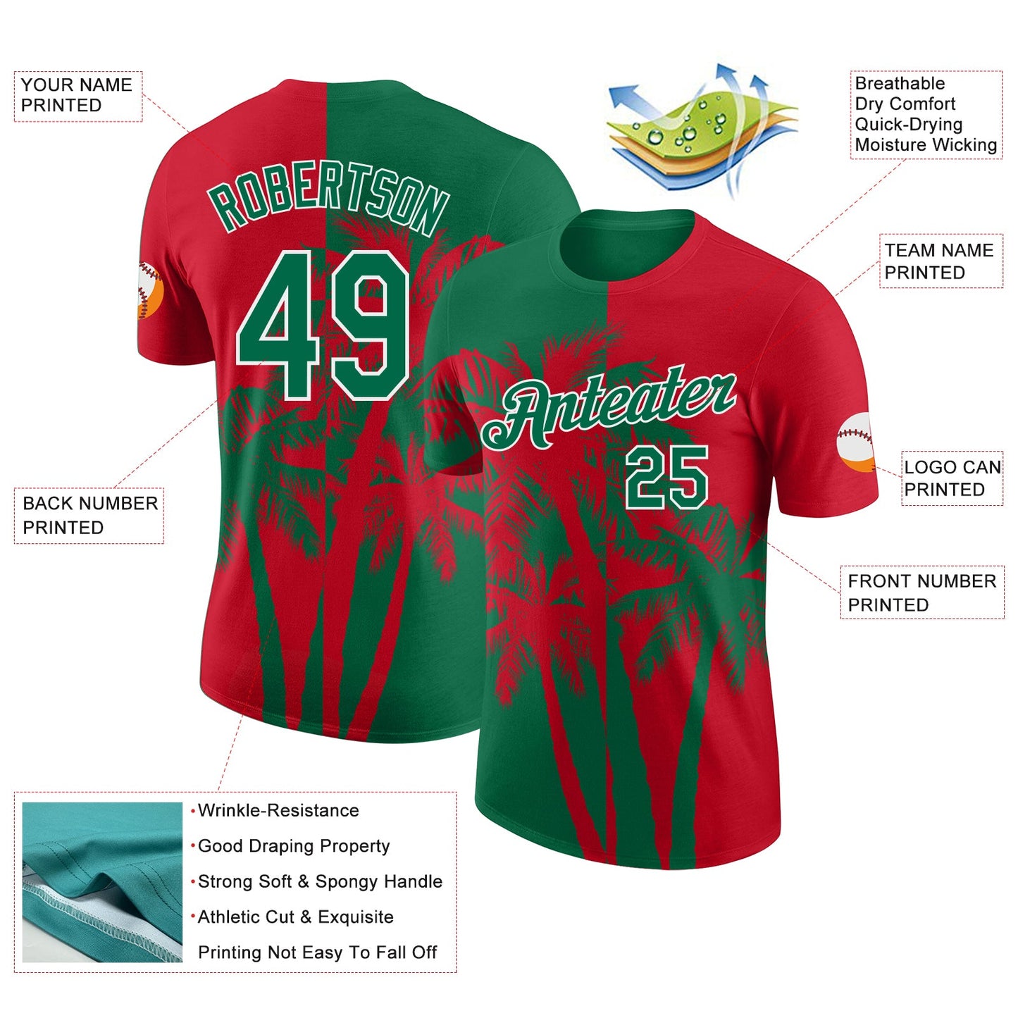 Custom Red Kelly Green-White Hawaii Tropical Coastal Palm Trees Performance T-Shirt view 2