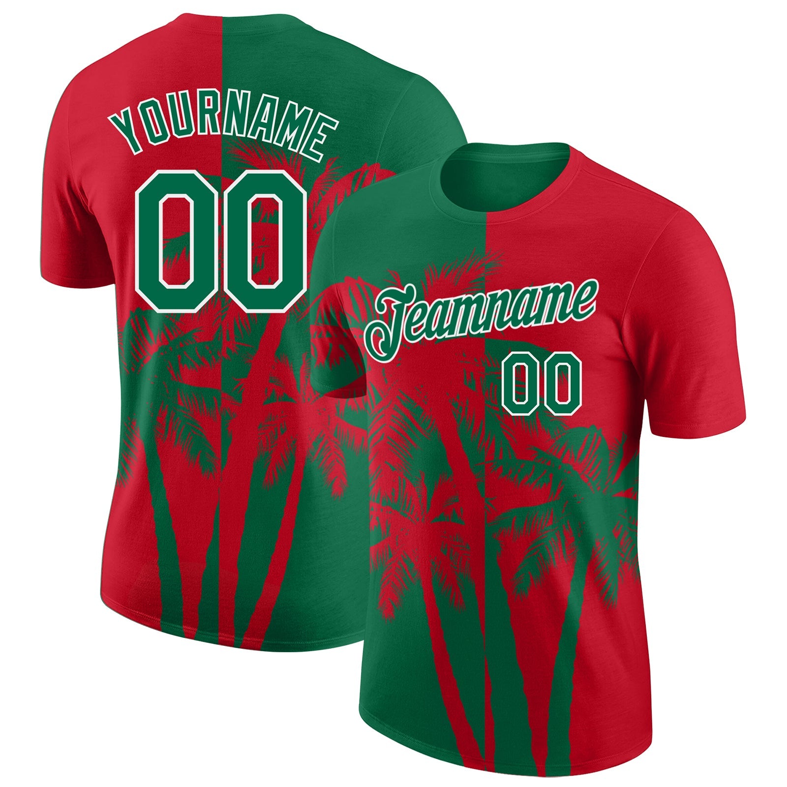 Custom Red Kelly Green-White Hawaii Tropical Coastal Palm Trees Performance T-Shirt - Main View