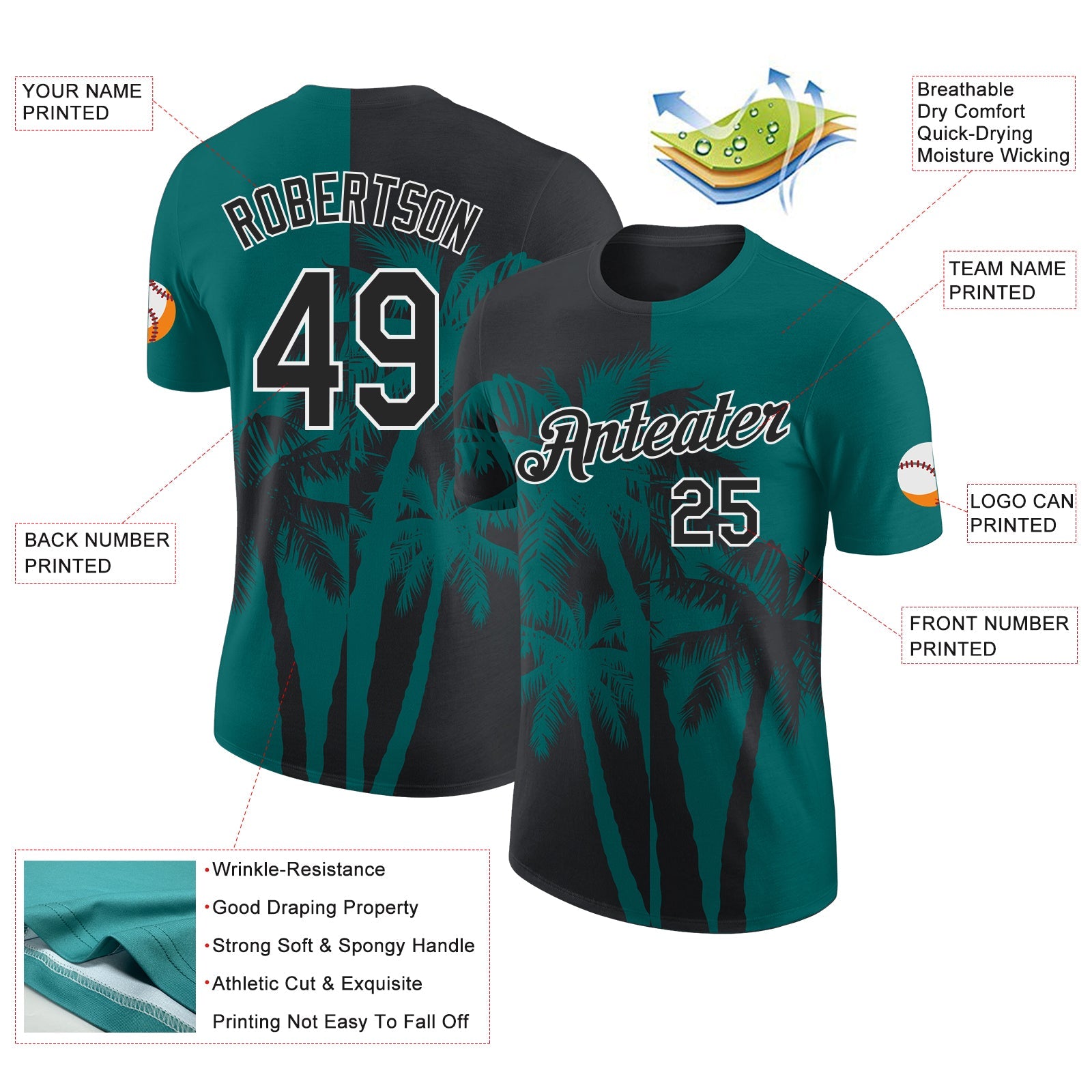 Custom Teal Black-White Hawaii Tropical Coastal Palm Trees Performance T-Shirt view 2