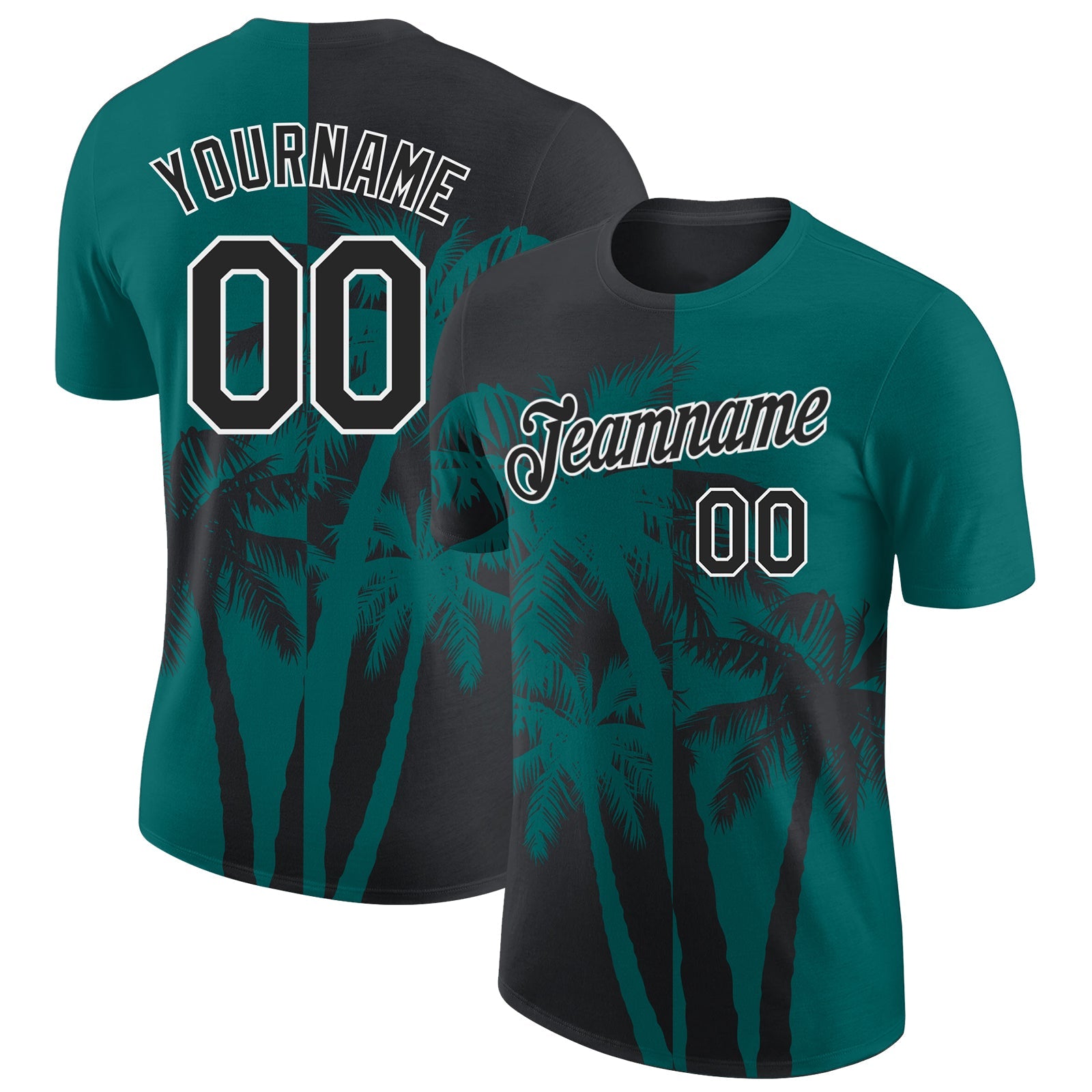Custom Teal Black-White Hawaii Tropical Coastal Palm Trees Performance T-Shirt - Main View