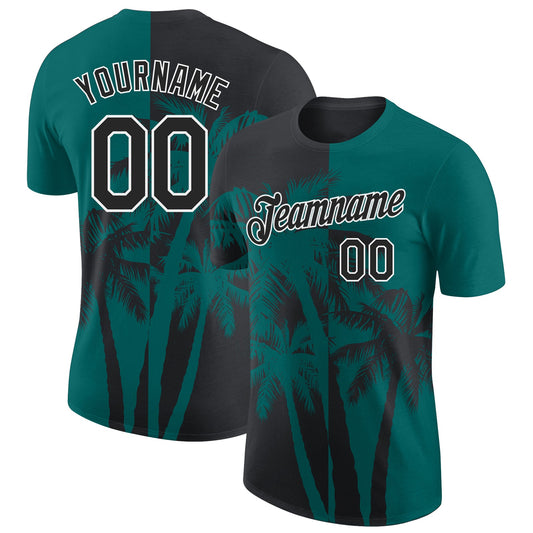 Custom Teal Black-White Hawaii Tropical Coastal Palm Trees Performance T-Shirt - Main View