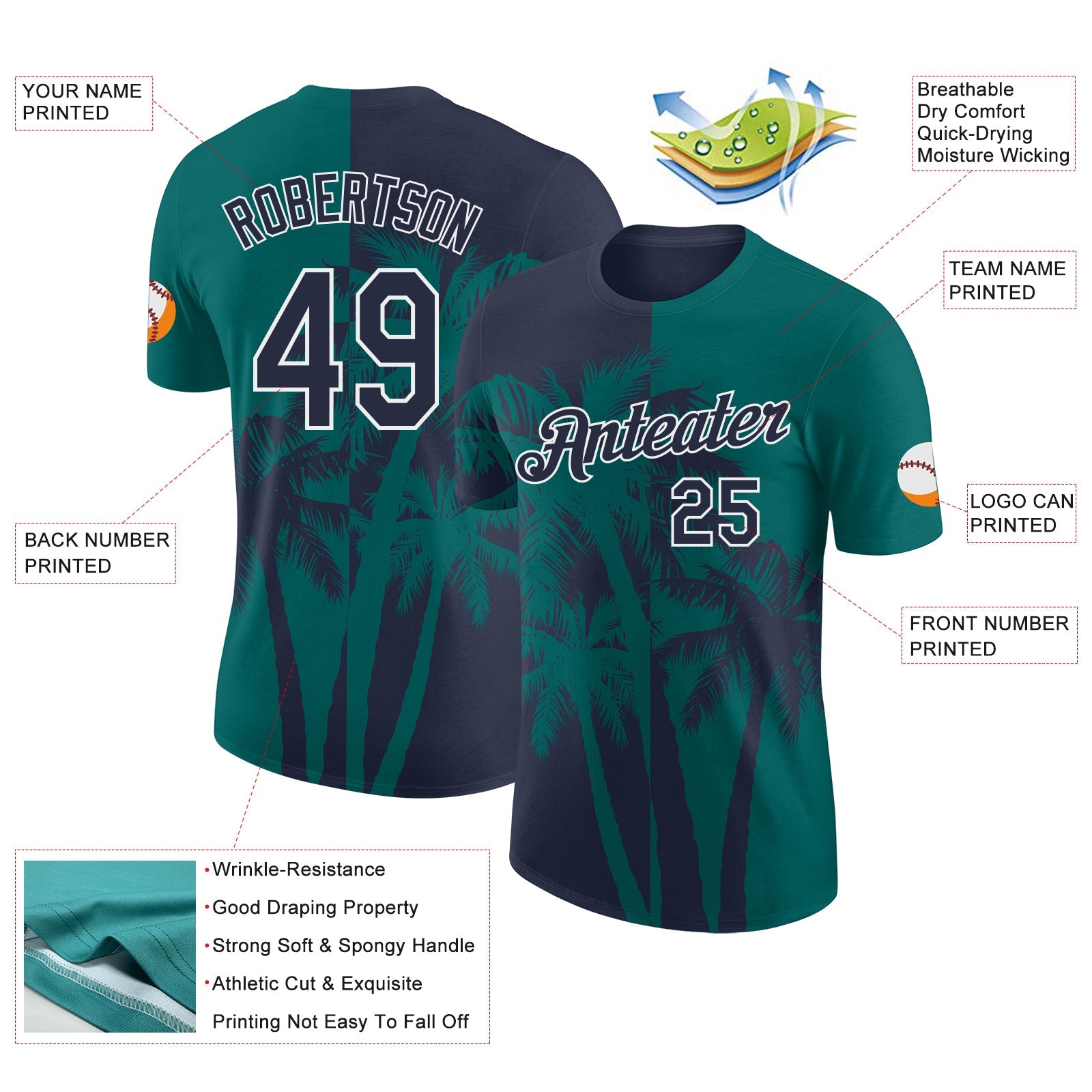 Custom Teal Navy-White Hawaii Tropical Coastal Palm Trees Performance T-Shirt view 2