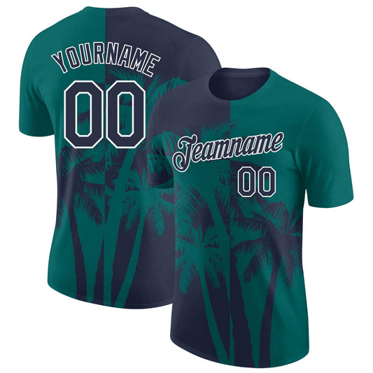 Custom Teal Navy-White Hawaii Tropical Coastal Palm Trees Performance T-Shirt - Main View