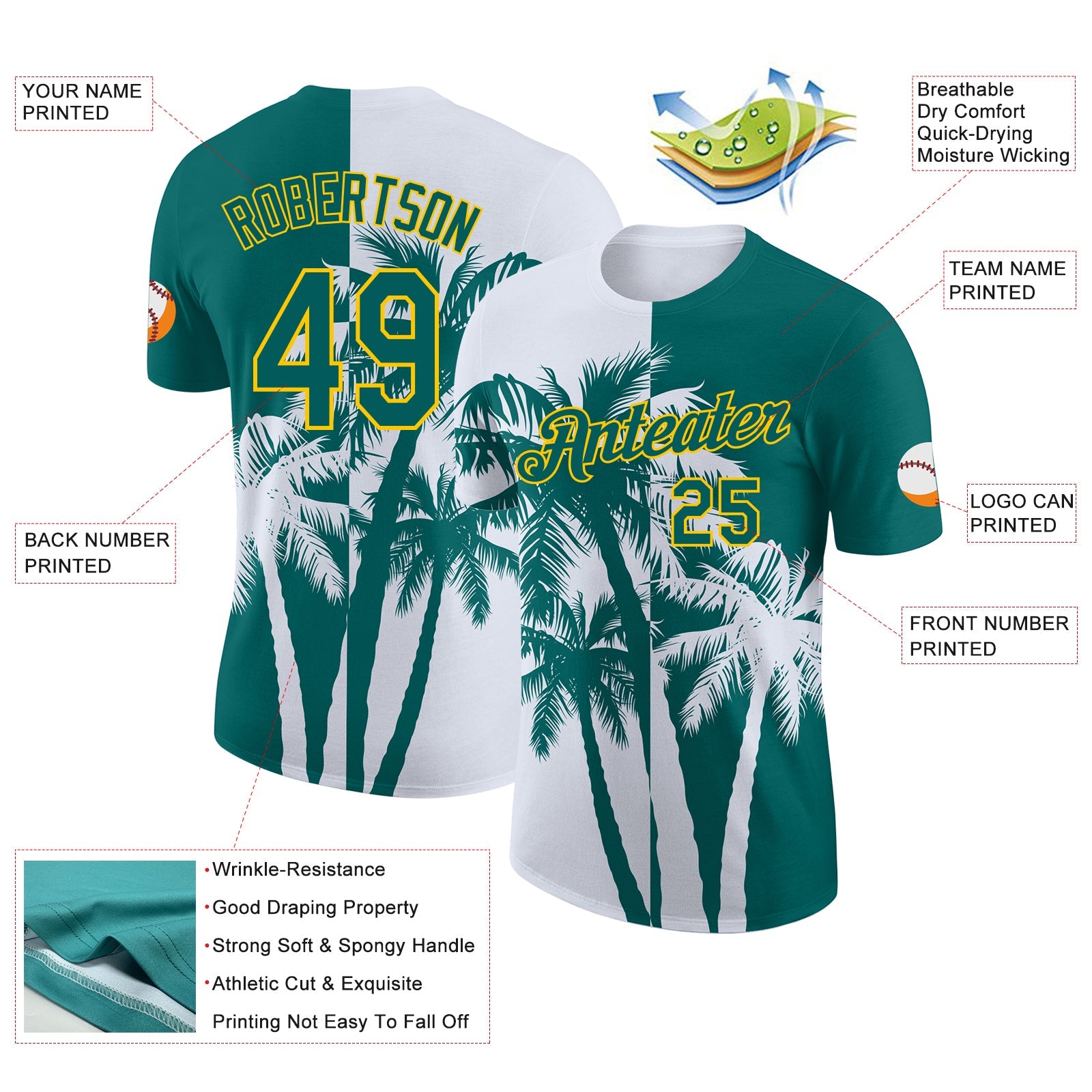 Custom Teal White-Yellow Hawaii Tropical Coastal Palm Trees Performance T-Shirt view 2