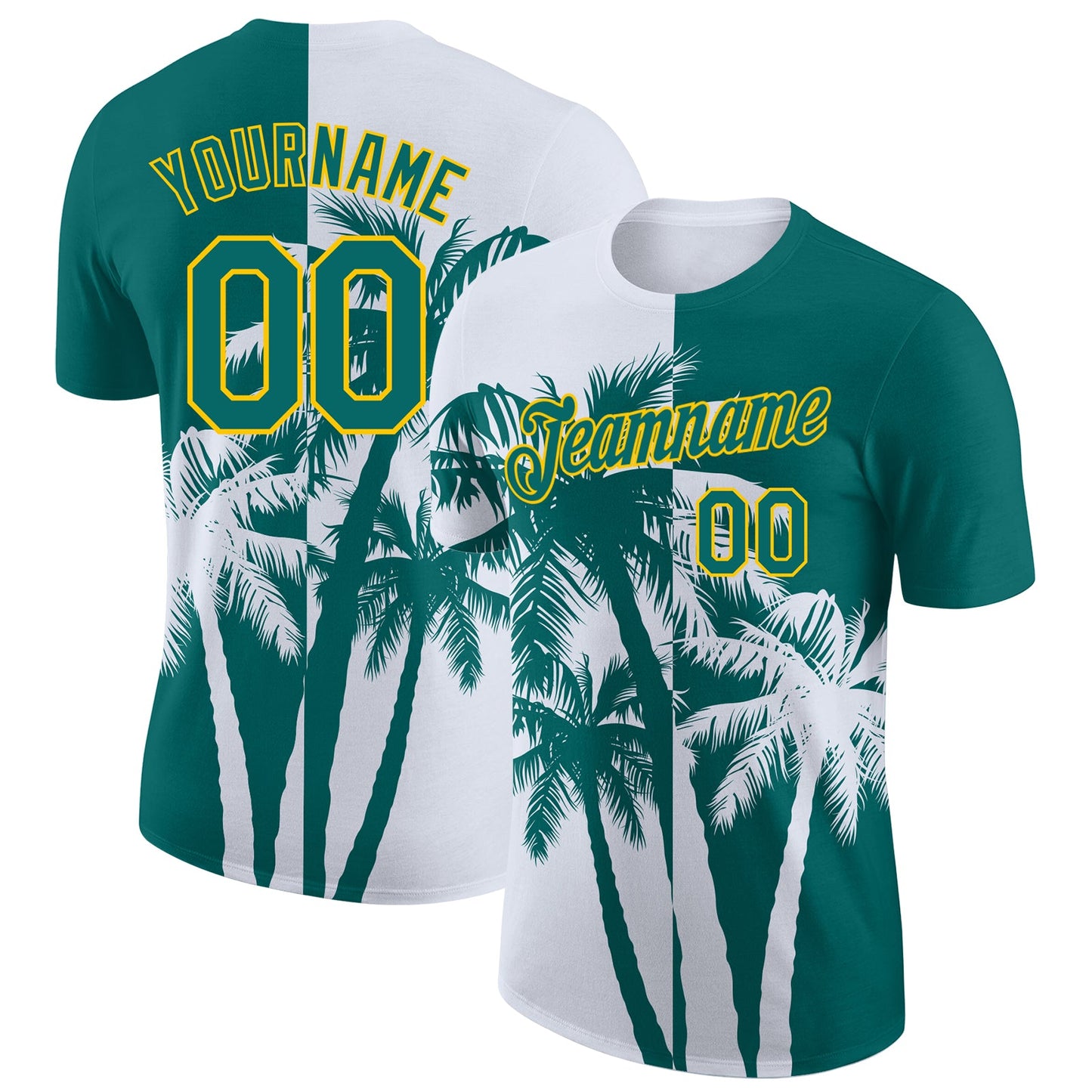 Custom Teal White-Yellow Hawaii Tropical Coastal Palm Trees Performance T-Shirt - Main View