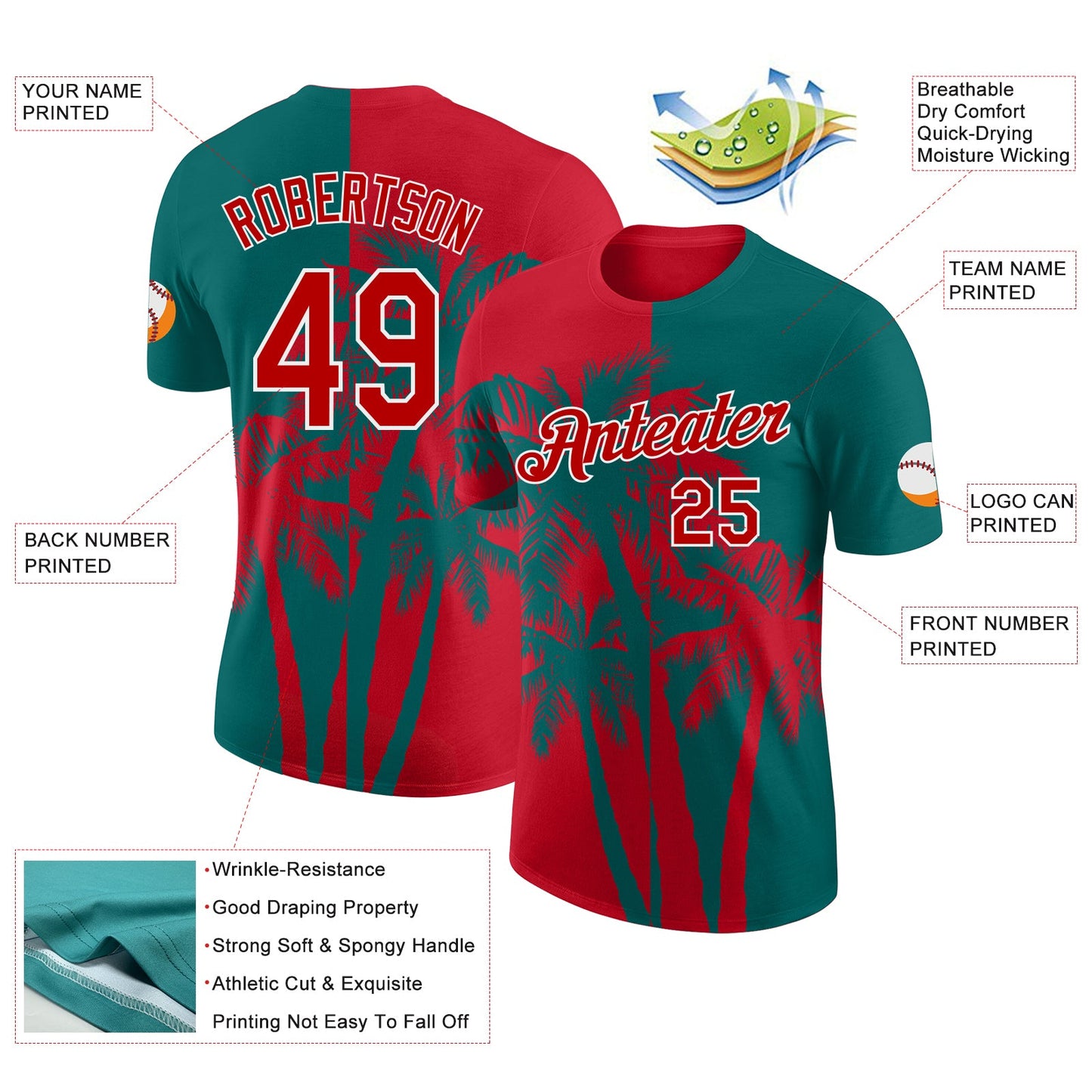 Custom Teal Red-White Hawaii Tropical Coastal Palm Trees Performance T-Shirt view 2