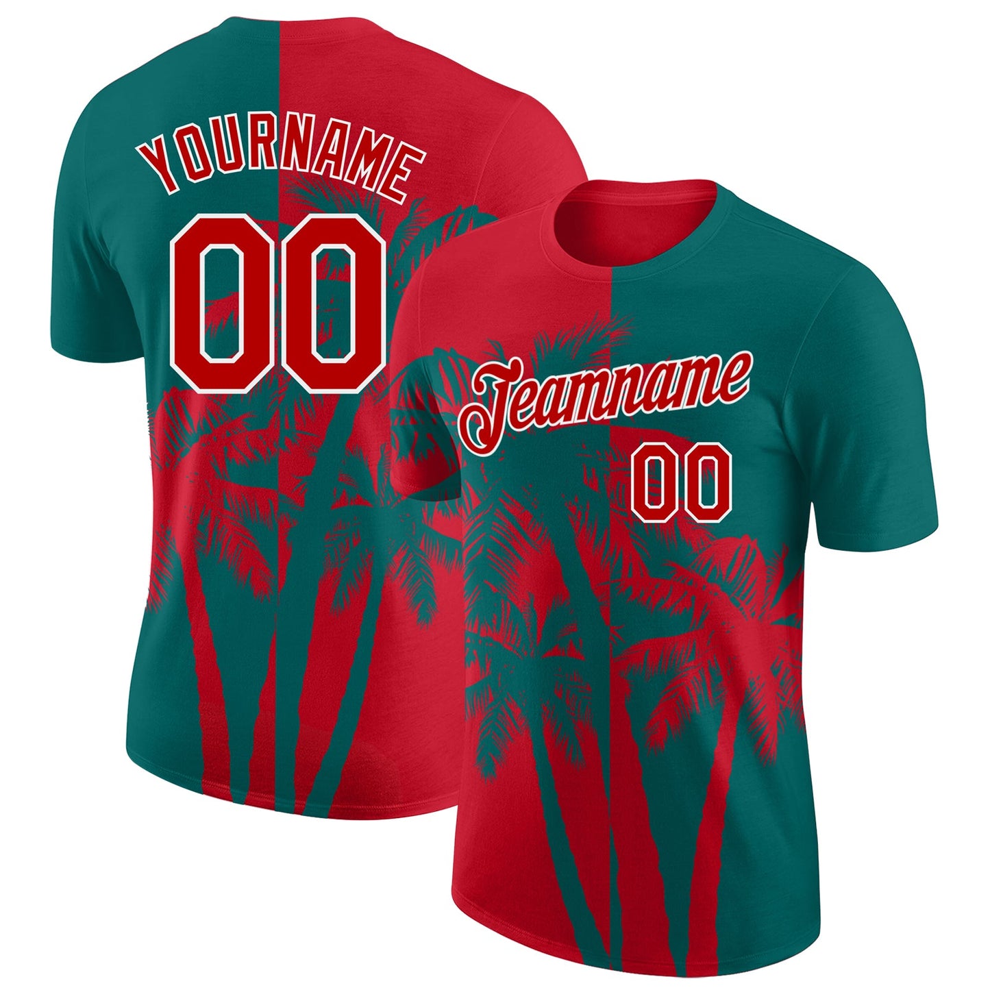 Custom Teal Red-White Hawaii Tropical Coastal Palm Trees Performance T-Shirt - Main View