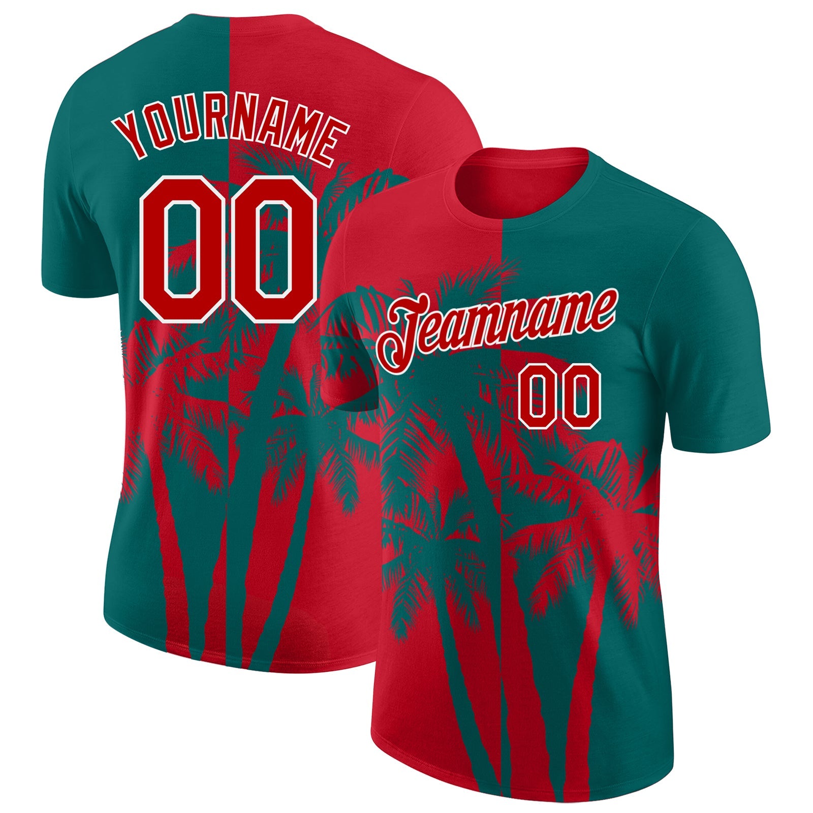 Custom Teal Red-White Hawaii Tropical Coastal Palm Trees Performance T-Shirt - Main View