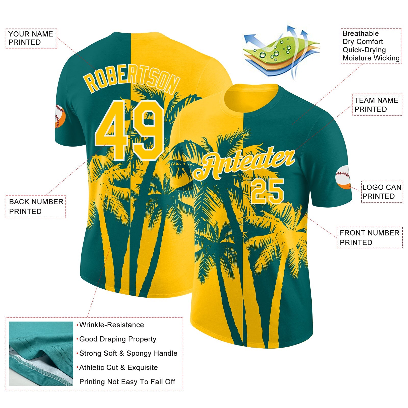 Custom Teal Yellow-White Hawaii Tropical Coastal Palm Trees Performance T-Shirt view 2