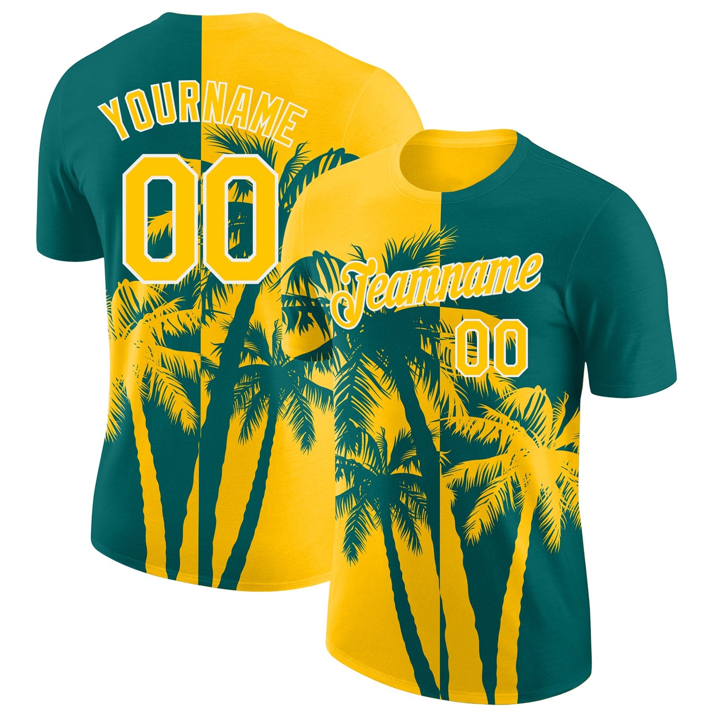 Custom Teal Yellow-White Hawaii Tropical Coastal Palm Trees Performance T-Shirt - Main View