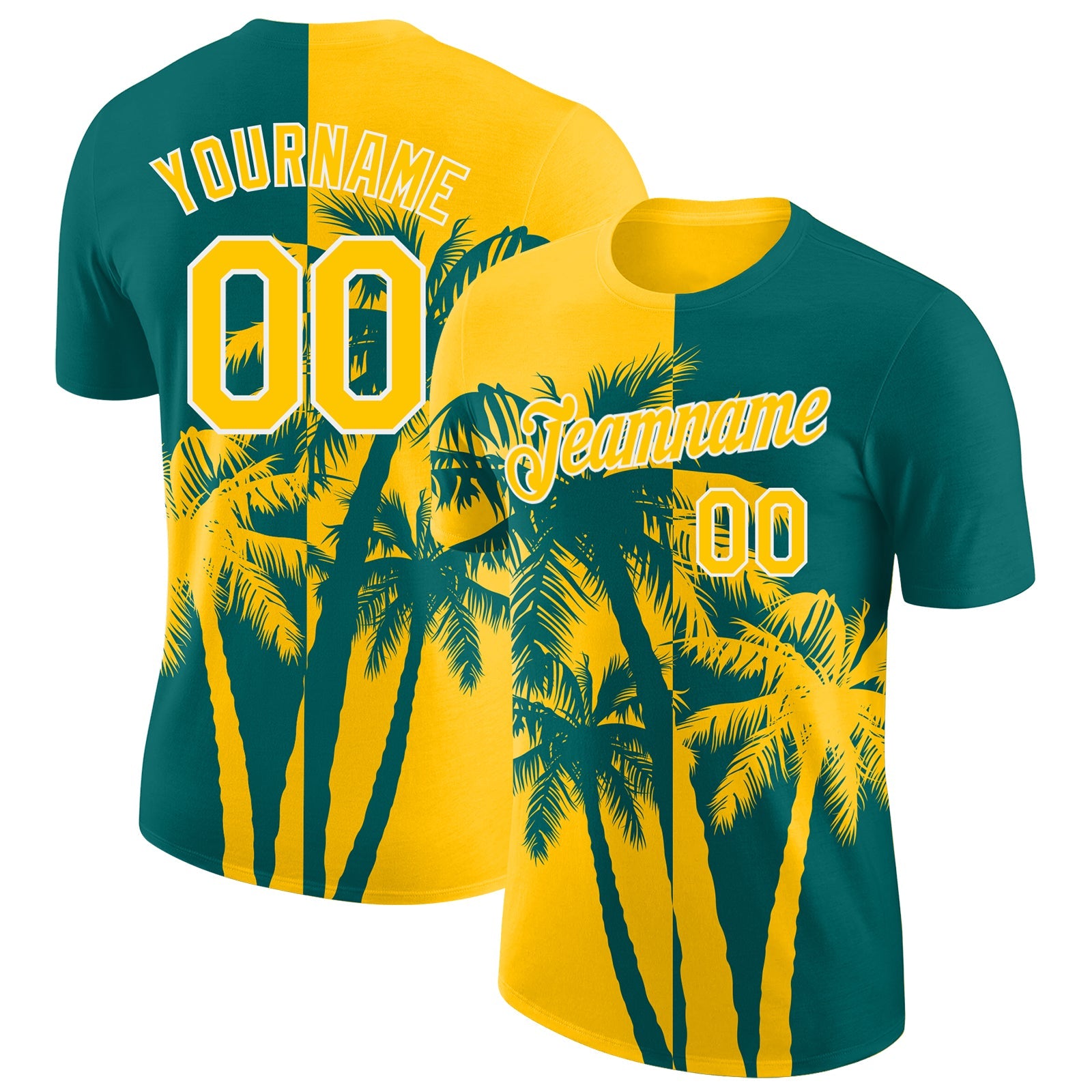 Custom Teal Yellow-White Hawaii Tropical Coastal Palm Trees Performance T-Shirt - Main View