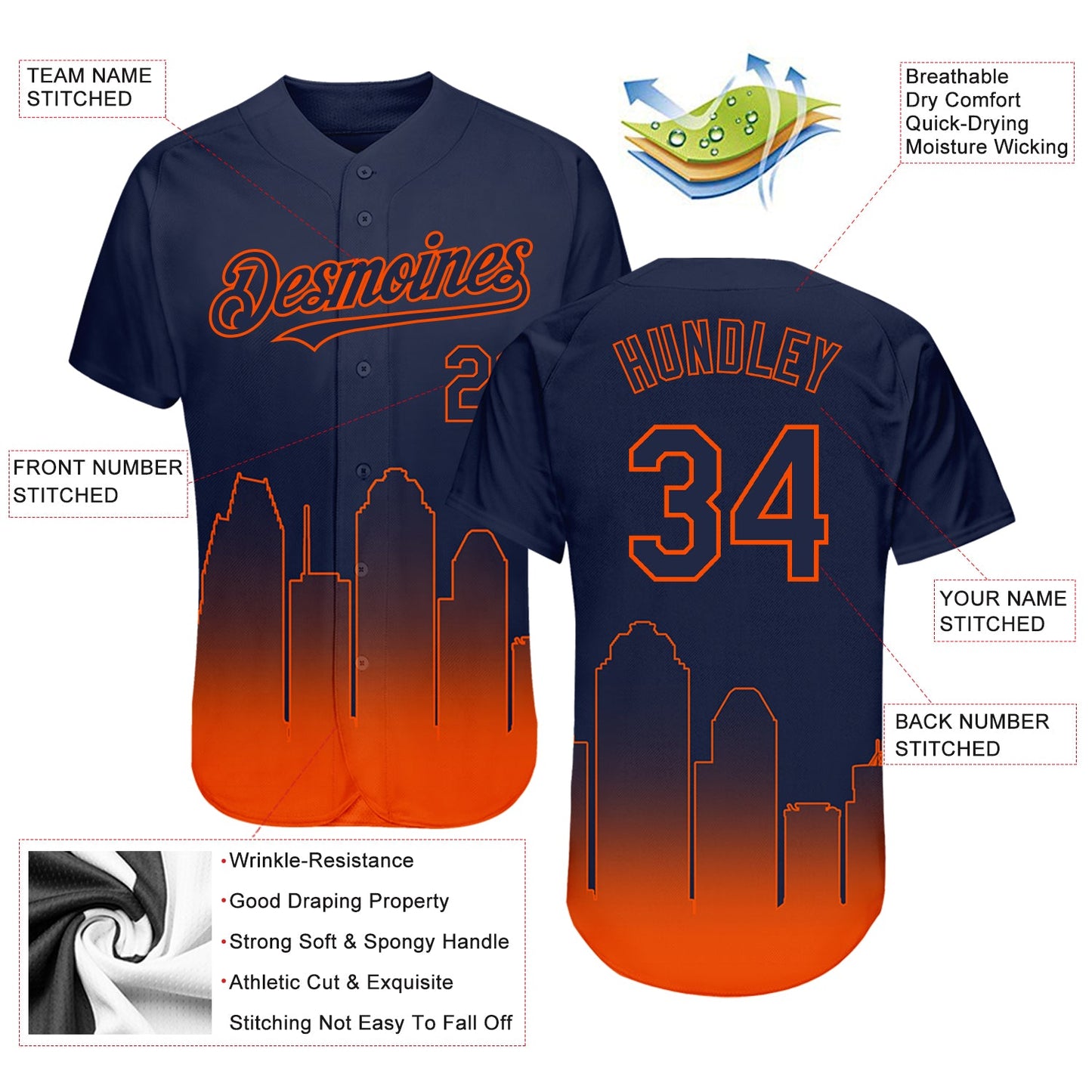 Custom Navy Orange 3D Houston City Edition Fade Fashion Authentic Baseball Jersey view 3