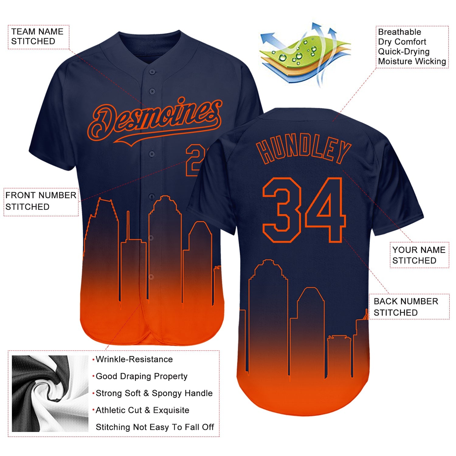 Custom Navy Orange 3D Houston City Edition Fade Fashion Authentic Baseball Jersey view 3