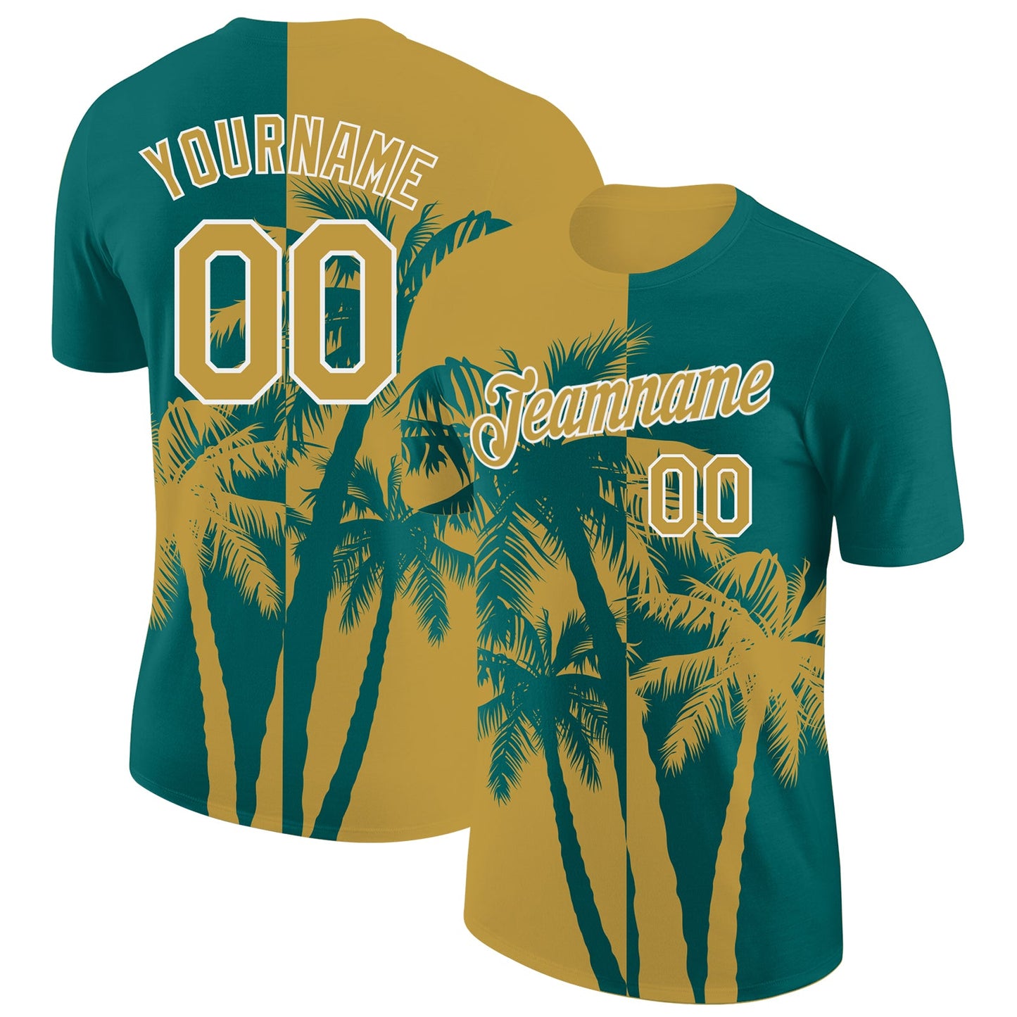 Custom Teal Old Gold-White Hawaii Tropical Coastal Palm Trees Performance T-Shirt - Main View