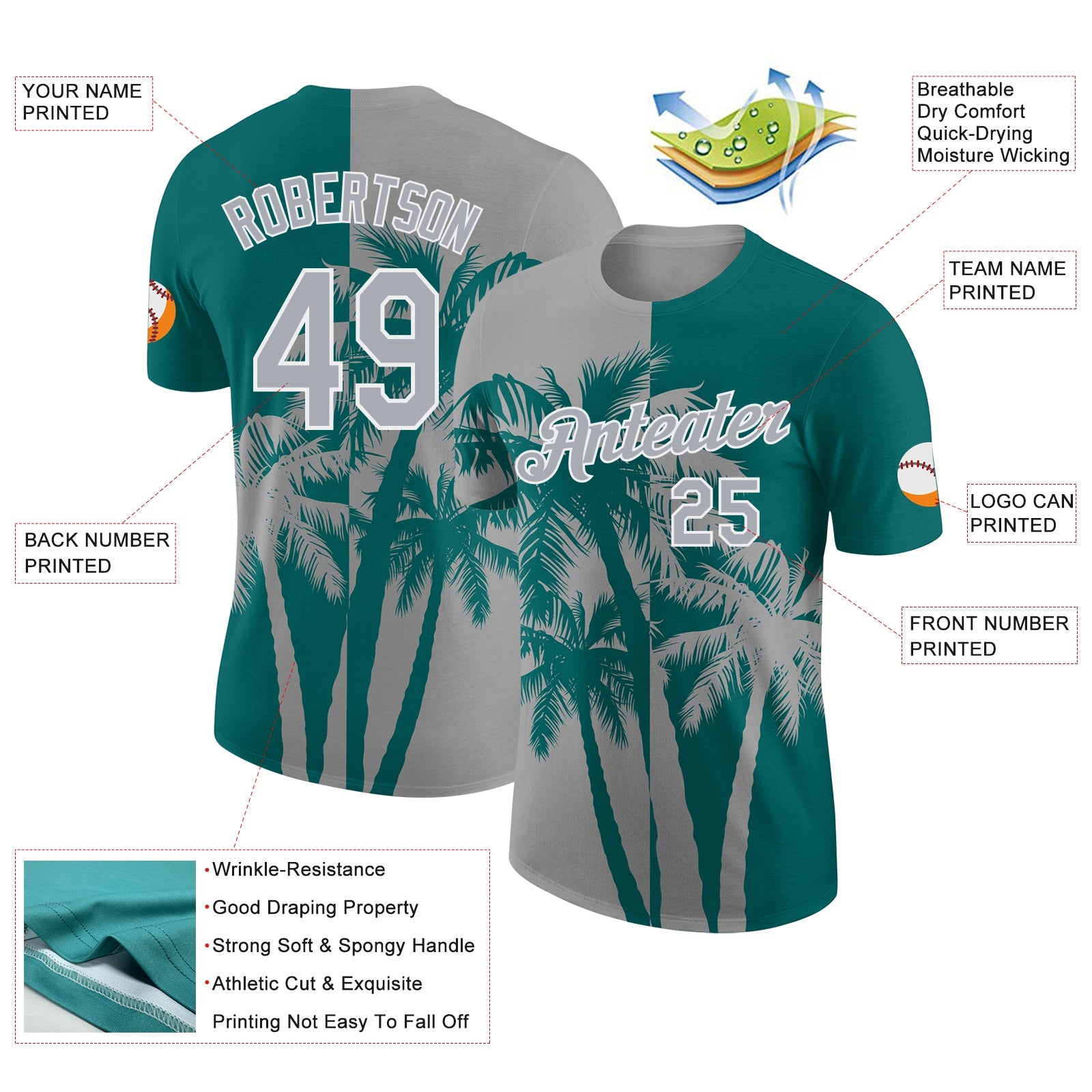 Custom Teal Gray-White Hawaii Tropical Coastal Palm Trees Performance T-Shirt view 2