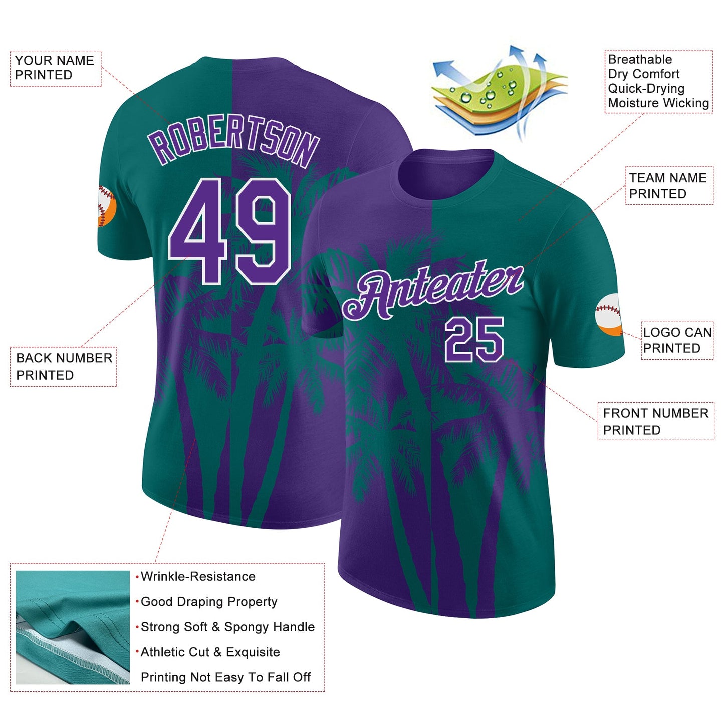 Custom Teal Purple-White Hawaii Tropical Coastal Palm Trees Performance T-Shirt view 2