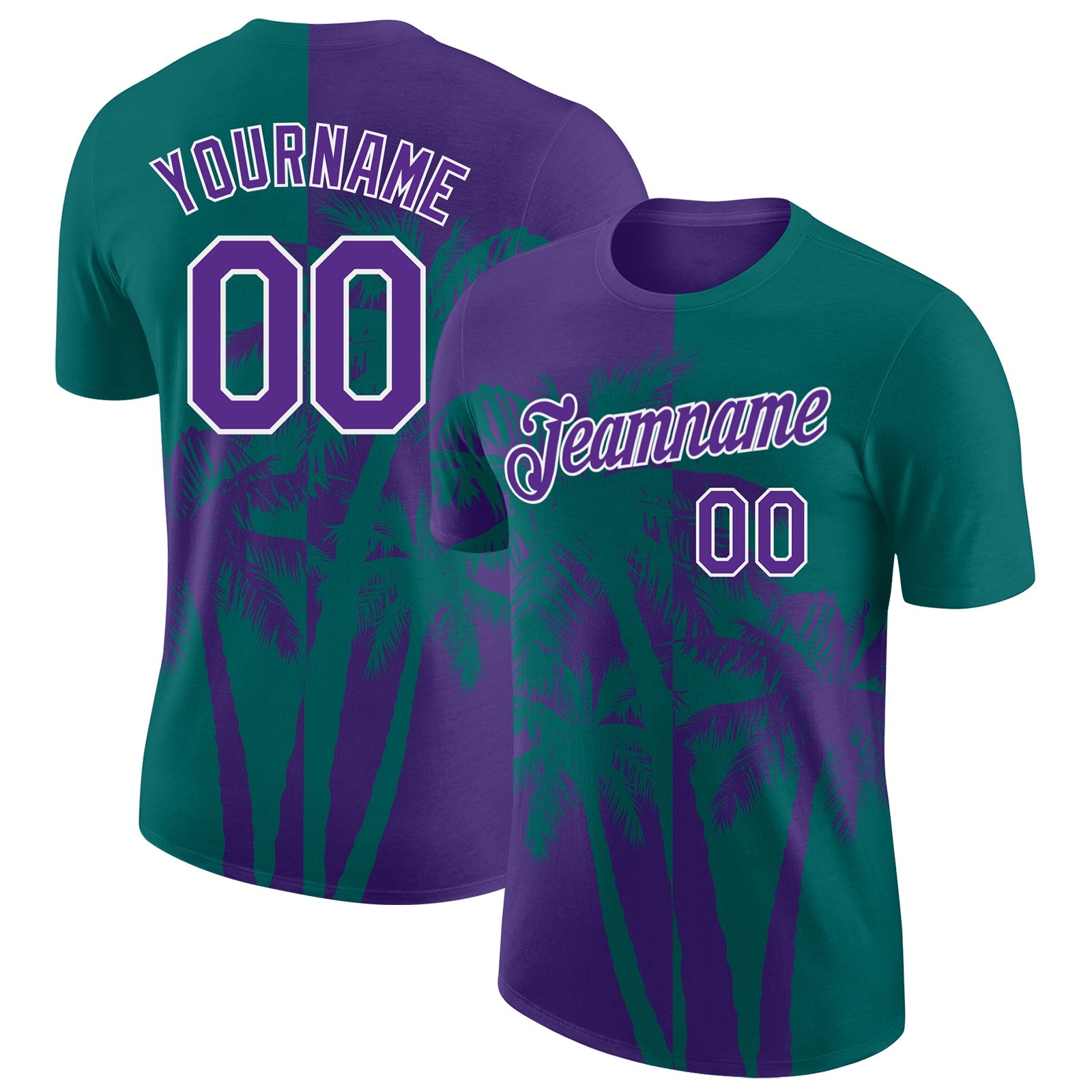 Custom Teal Purple-White Hawaii Tropical Coastal Palm Trees Performance T-Shirt - Main View