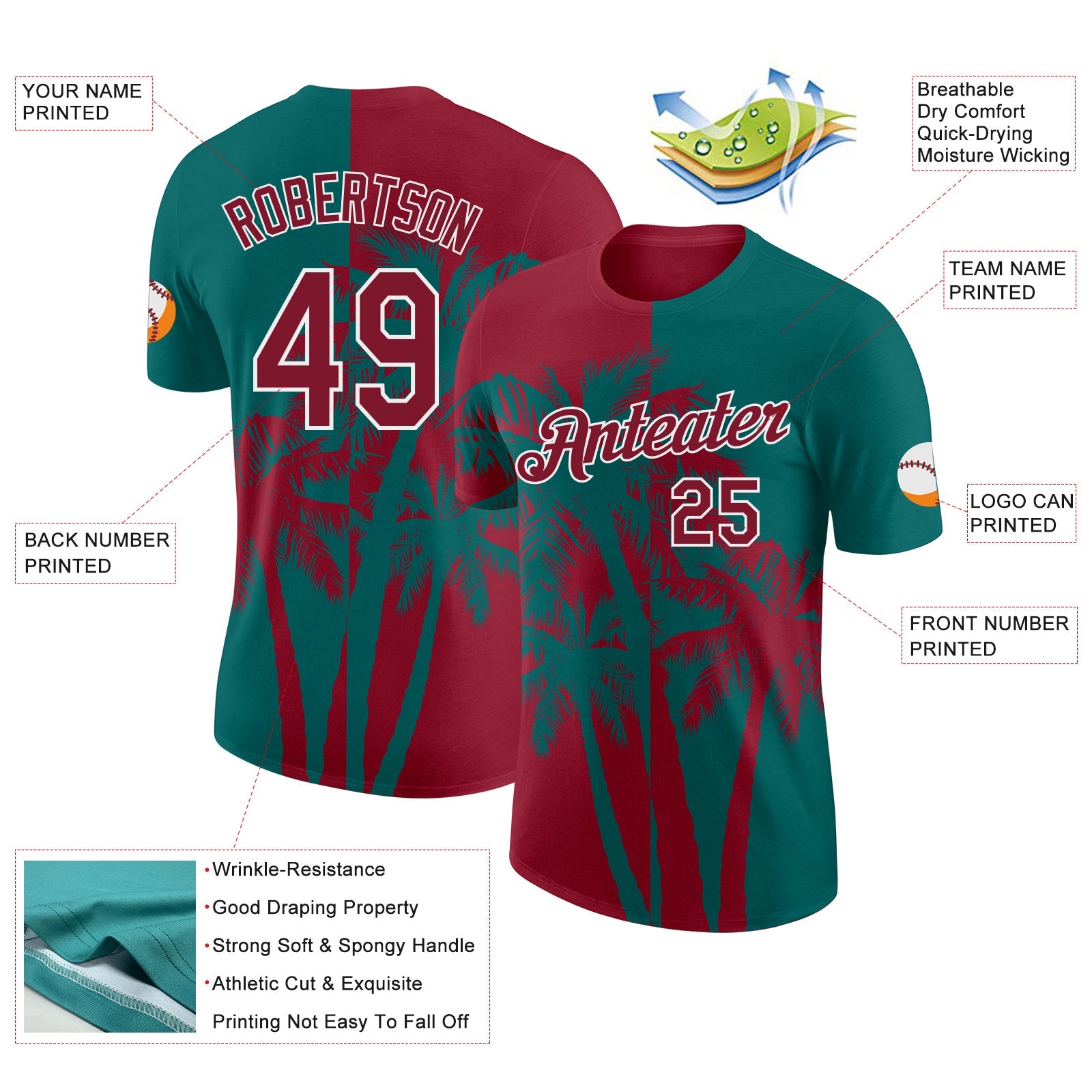 Custom Teal Crimson-White Hawaii Tropical Coastal Palm Trees Performance T-Shirt view 2