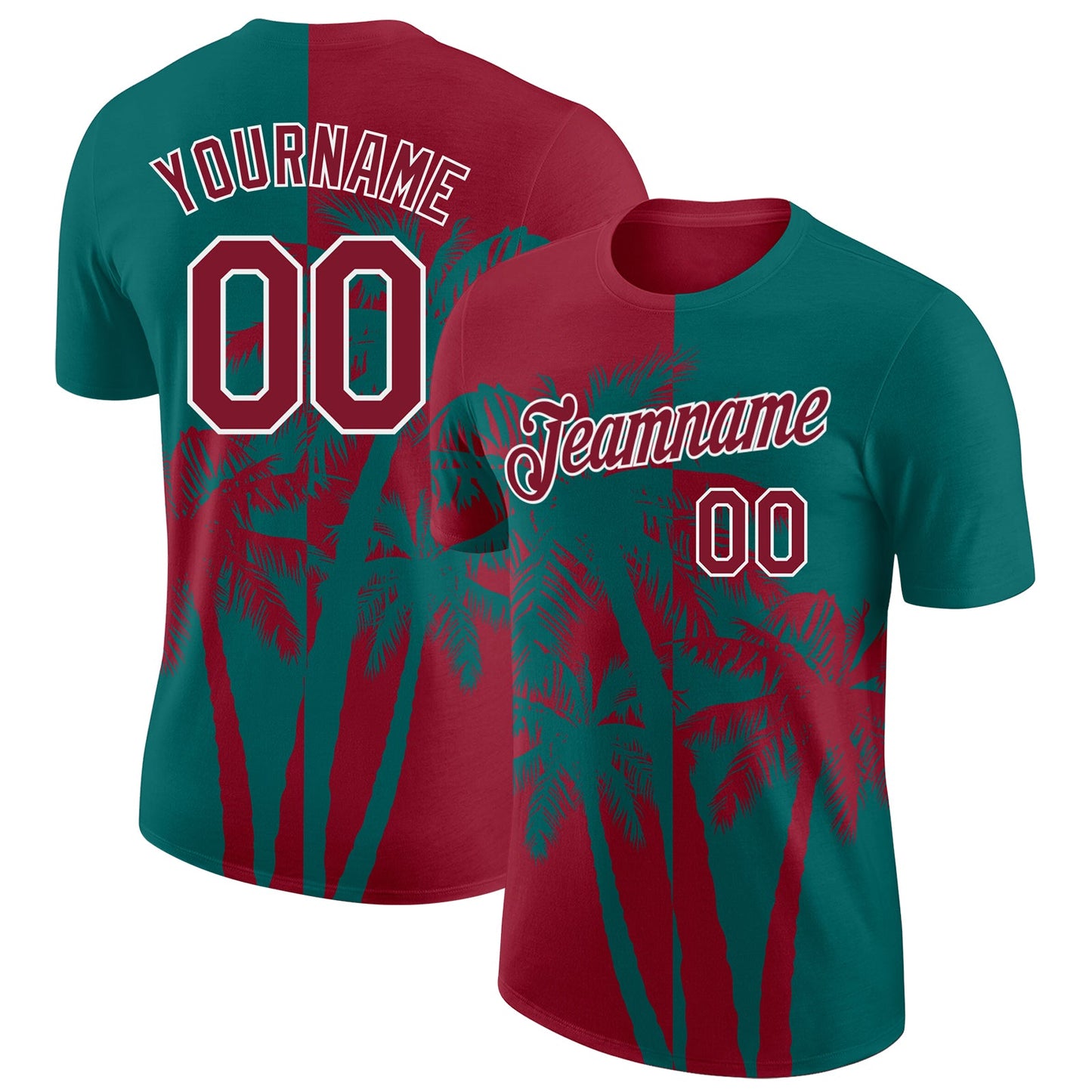 Custom Teal Crimson-White Hawaii Tropical Coastal Palm Trees Performance T-Shirt - Main View