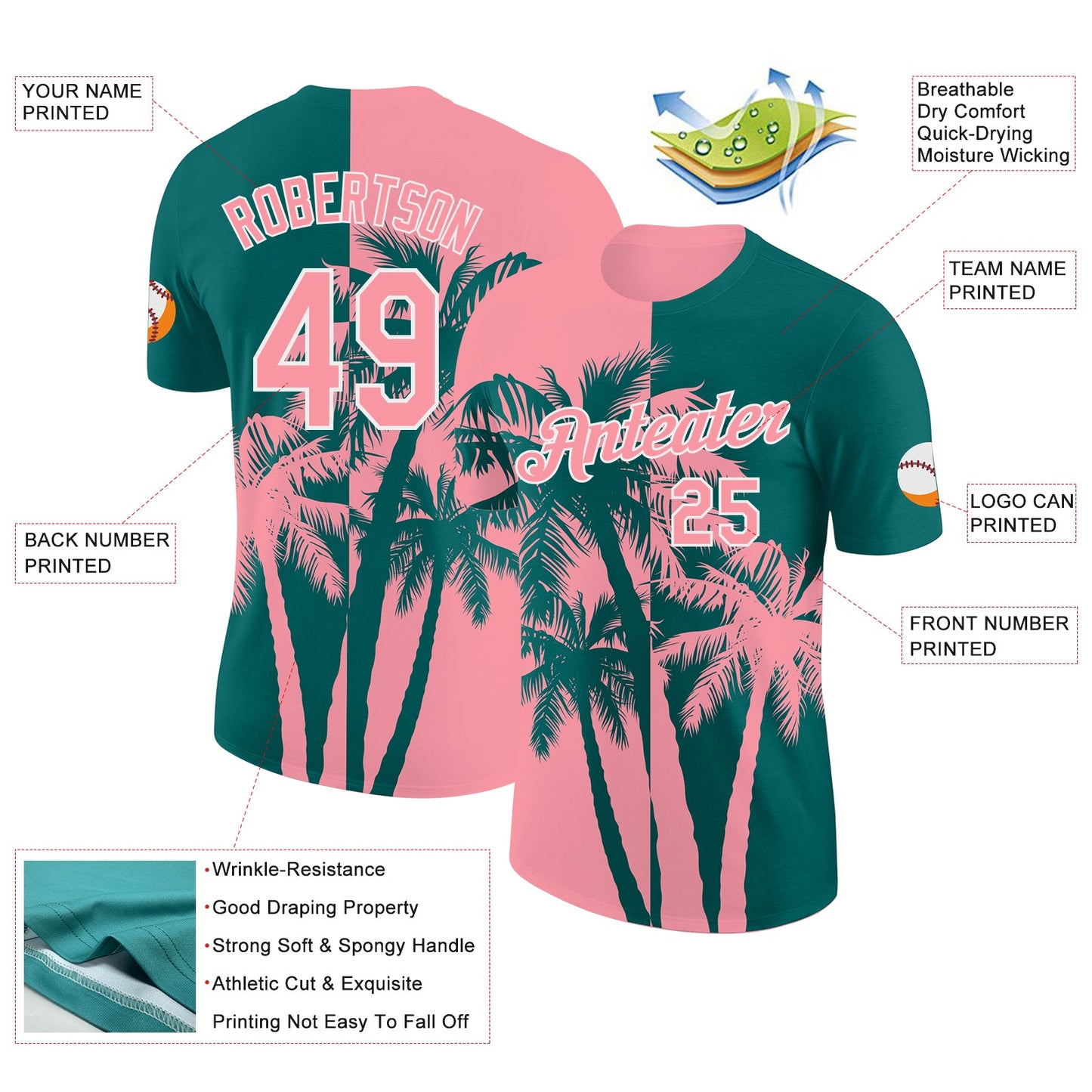 Custom Teal Medium Pink-White Hawaii Tropical Coastal Palm Trees Performance T-Shirt view 2