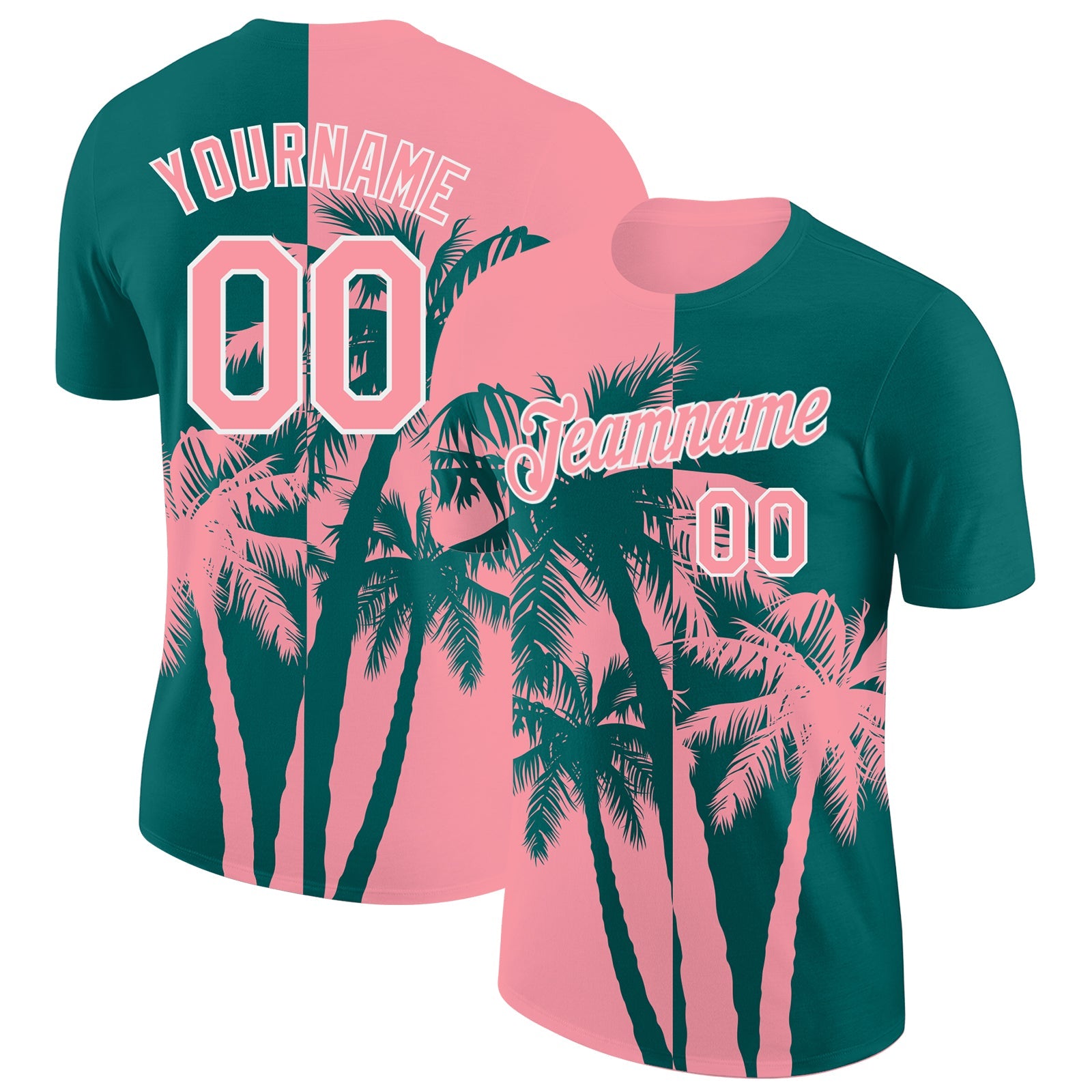 Custom Teal Medium Pink-White Hawaii Tropical Coastal Palm Trees Performance T-Shirt - Main View