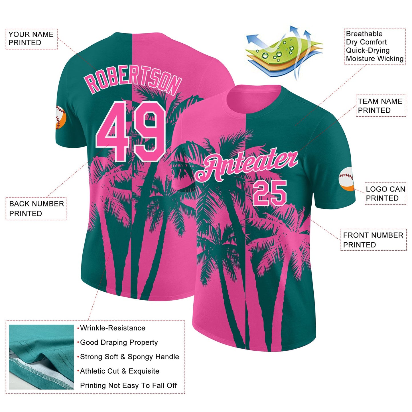 Custom Teal Pink-White Hawaii Tropical Coastal Palm Trees Performance T-Shirt view 2