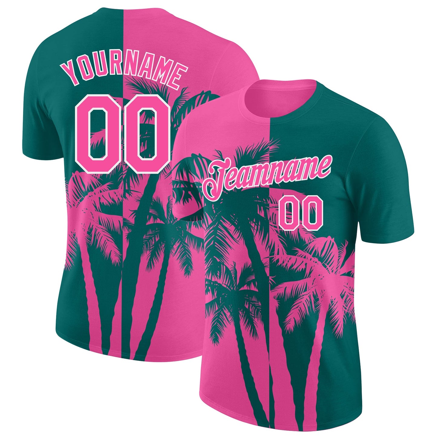 Custom Teal Pink-White Hawaii Tropical Coastal Palm Trees Performance T-Shirt - Main View