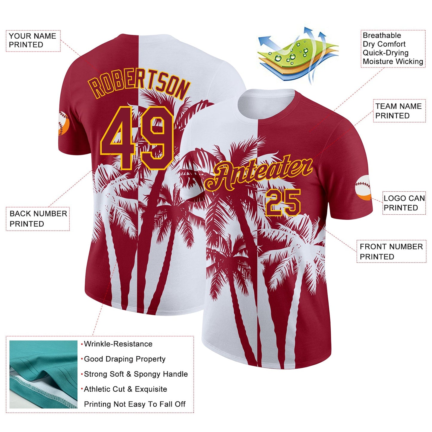 Custom Crimson White-Yellow Hawaii Tropical Coastal Palm Trees Performance T-Shirt view 2
