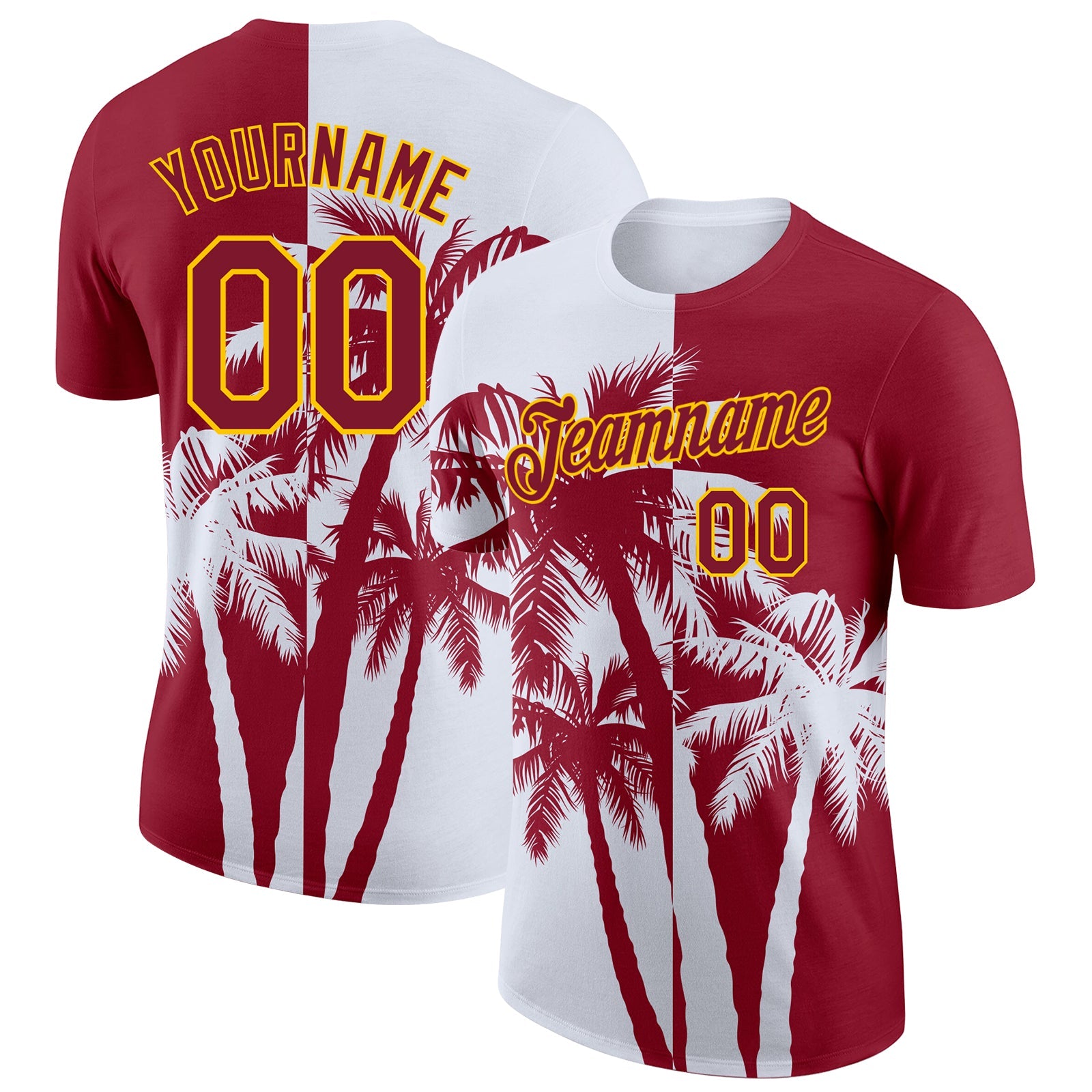 Custom Crimson White-Yellow Hawaii Tropical Coastal Palm Trees Performance T-Shirt - Main View